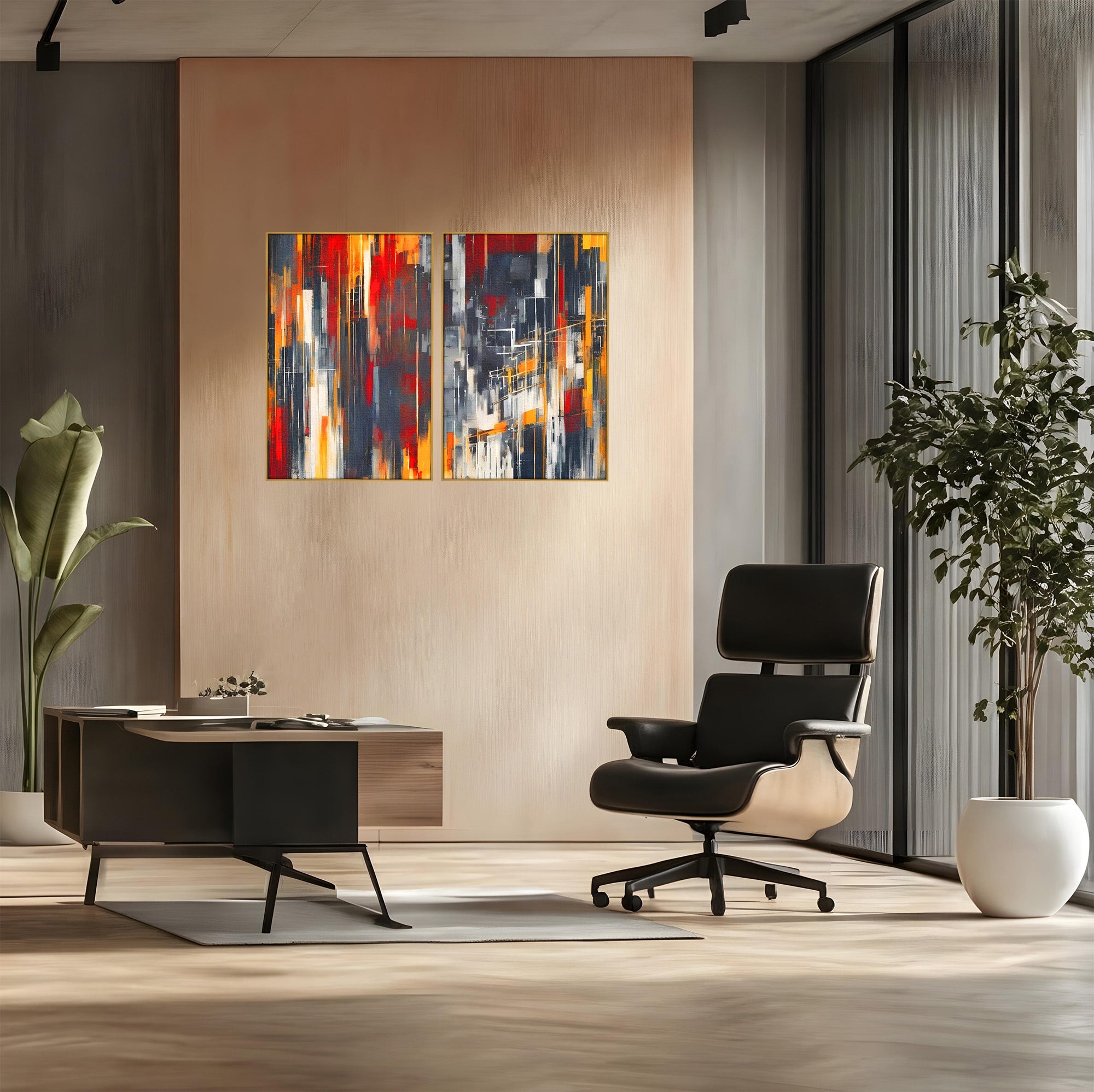 Set 2 Tablouri Canvas Premium LuxCanva® O2-1025, Fragmente de Infinit, Foc, Tacere, Adanc, Ecou, Timp, Destin, Ziduri, Labirint, Ardere, Fracturi, Apus, Umbre, Oras, Geometrii, Birou, Living, Dormitor