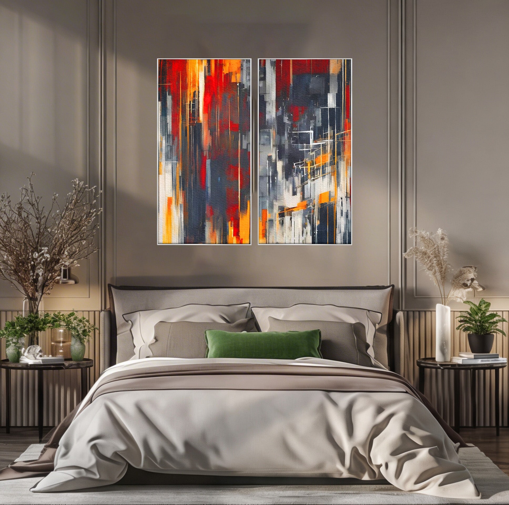 Set 2 Tablouri Canvas Premium LuxCanva® O2-1025, Fragmente de Infinit, Foc, Tacere, Adanc, Ecou, Timp, Destin, Ziduri, Labirint, Ardere, Fracturi, Apus, Umbre, Oras, Geometrii, Birou, Living, Dormitor