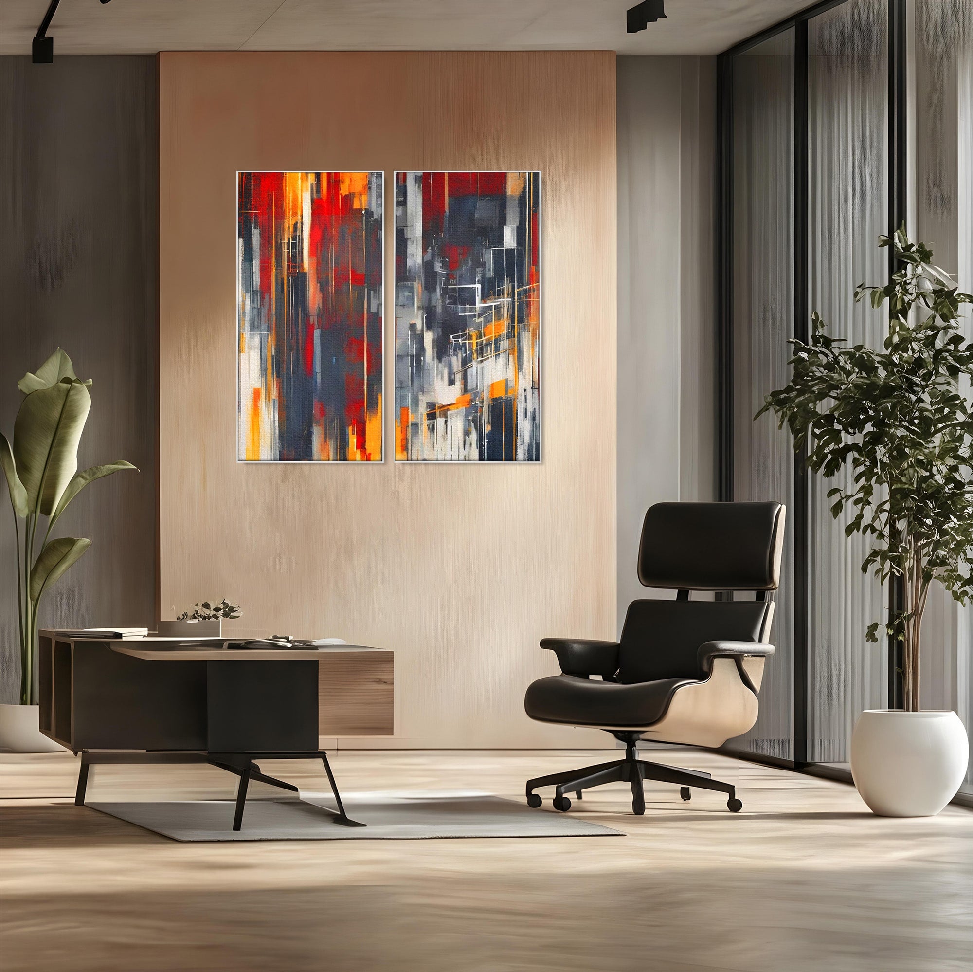 Set 2 Tablouri Canvas Premium LuxCanva® O2-1025, Fragmente de Infinit, Foc, Tacere, Adanc, Ecou, Timp, Destin, Ziduri, Labirint, Ardere, Fracturi, Apus, Umbre, Oras, Geometrii, Birou, Living, Dormitor