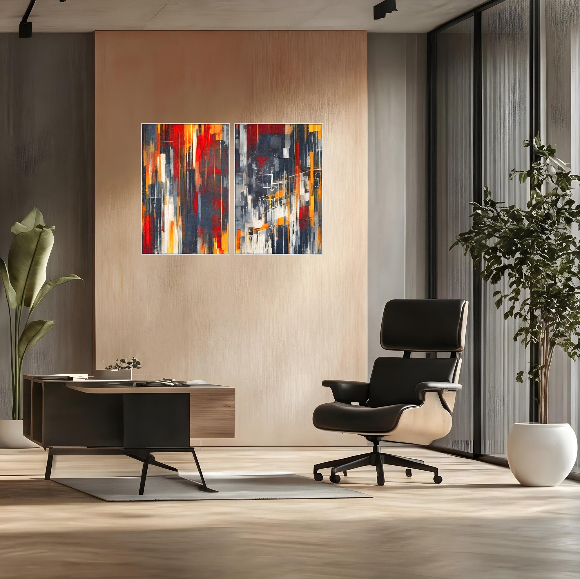 Set 2 Tablouri Canvas Premium LuxCanva® O2-1025, Fragmente de Infinit, Foc, Tacere, Adanc, Ecou, Timp, Destin, Ziduri, Labirint, Ardere, Fracturi, Apus, Umbre, Oras, Geometrii, Birou, Living, Dormitor
