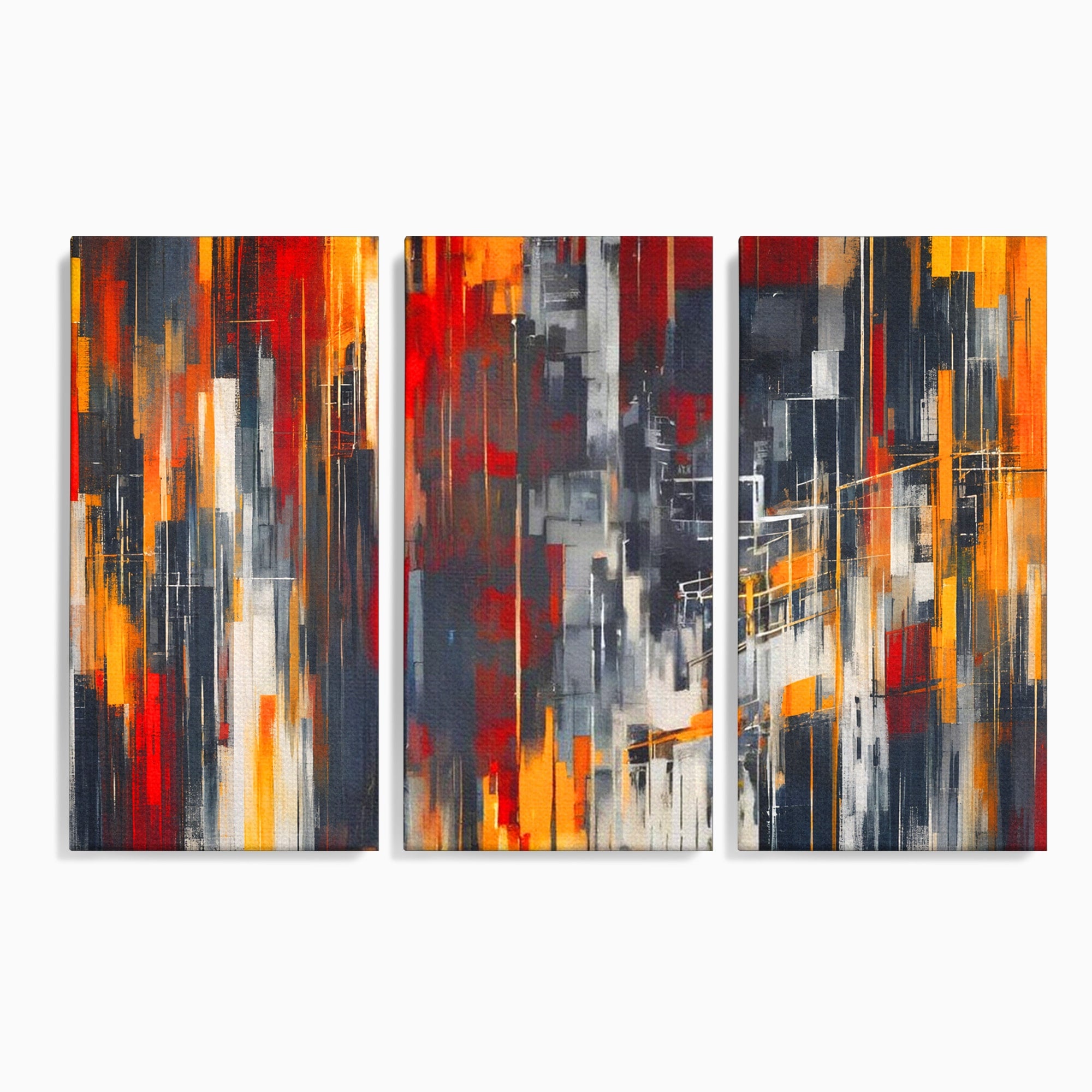 Set 3 Tablouri Canvas Premium LuxCanva® O3-1025, Fragmente de Infinit, Foc, Tacere, Adanc, Ecou, Timp, Destin, Ziduri, Labirint, Ardere, Fracturi, Apus, Umbre, Oras, Geometrii, Birou, Living, Dormitor