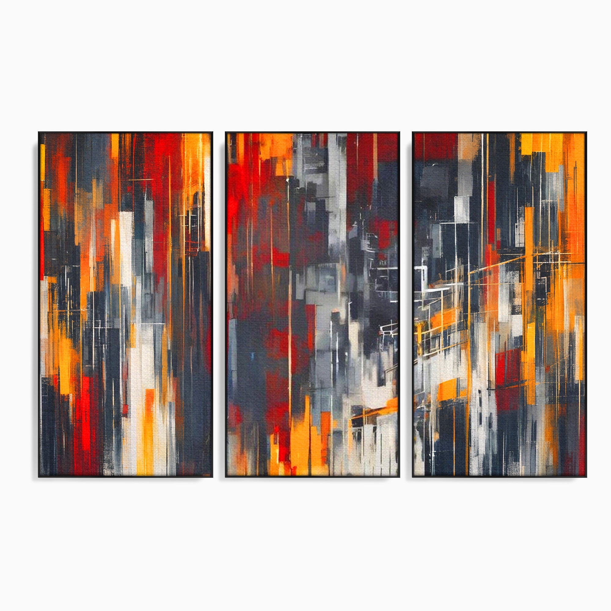Set 3 Tablouri Canvas Premium LuxCanva® O3-1025, Fragmente de Infinit, Foc, Tacere, Adanc, Ecou, Timp, Destin, Ziduri, Labirint, Ardere, Fracturi, Apus, Umbre, Oras, Geometrii, Birou, Living, Dormitor