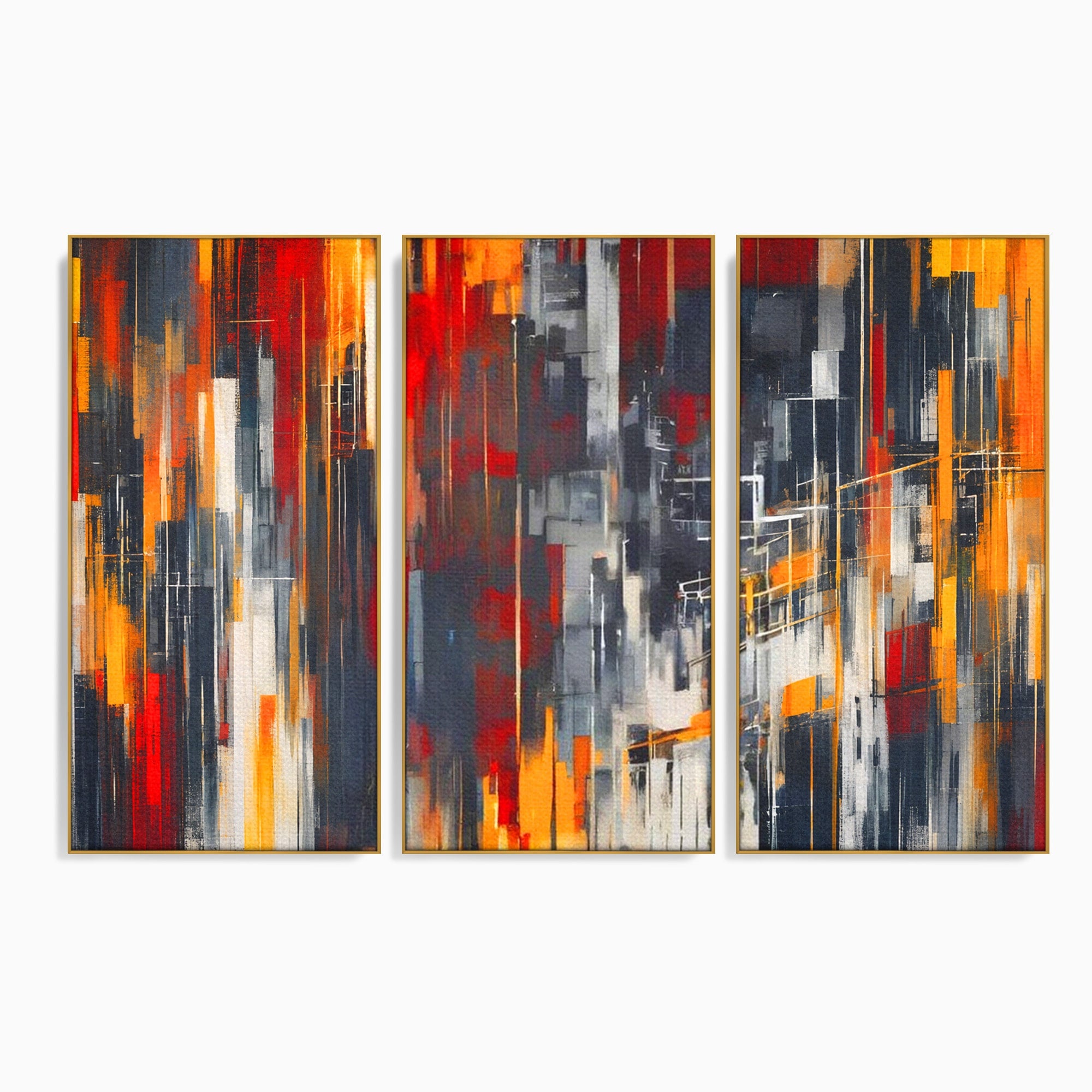 Set 3 Tablouri Canvas Premium LuxCanva® O3-1025, Fragmente de Infinit, Foc, Tacere, Adanc, Ecou, Timp, Destin, Ziduri, Labirint, Ardere, Fracturi, Apus, Umbre, Oras, Geometrii, Birou, Living, Dormitor