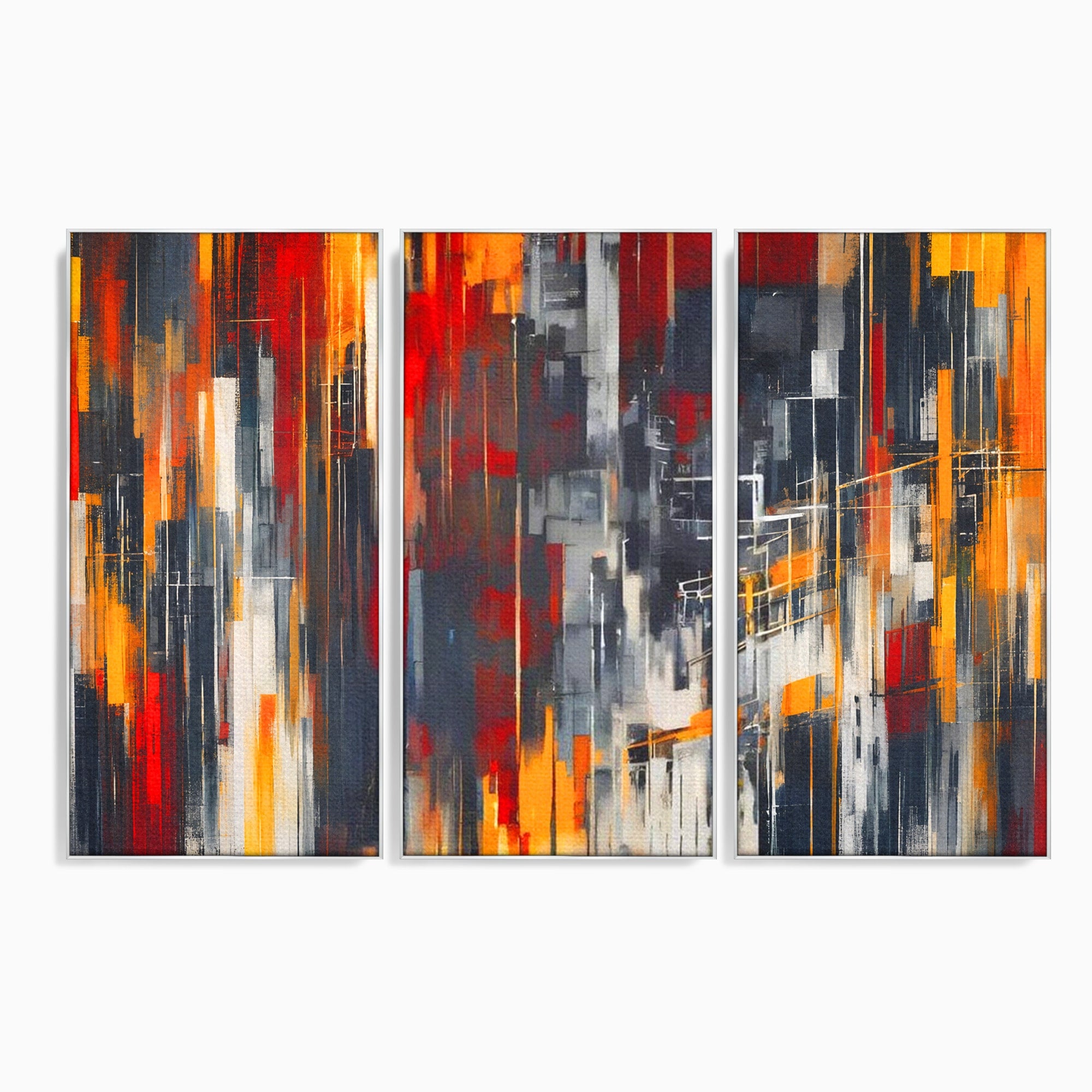 Set 3 Tablouri Canvas Premium LuxCanva® O3-1025, Fragmente de Infinit, Foc, Tacere, Adanc, Ecou, Timp, Destin, Ziduri, Labirint, Ardere, Fracturi, Apus, Umbre, Oras, Geometrii, Birou, Living, Dormitor