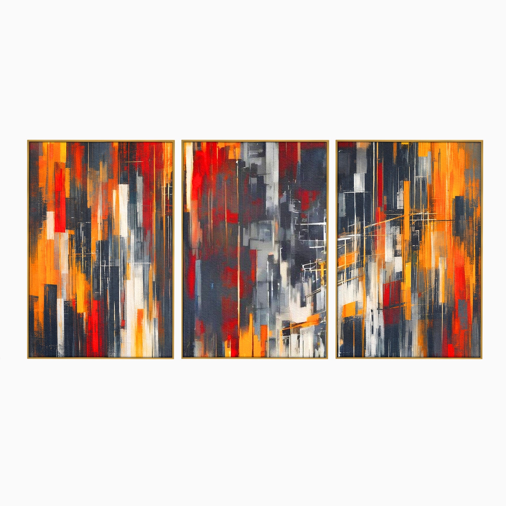 Set 3 Tablouri Canvas Premium LuxCanva® O3-1025, Fragmente de Infinit, Foc, Tacere, Adanc, Ecou, Timp, Destin, Ziduri, Labirint, Ardere, Fracturi, Apus, Umbre, Oras, Geometrii, Birou, Living, Dormitor