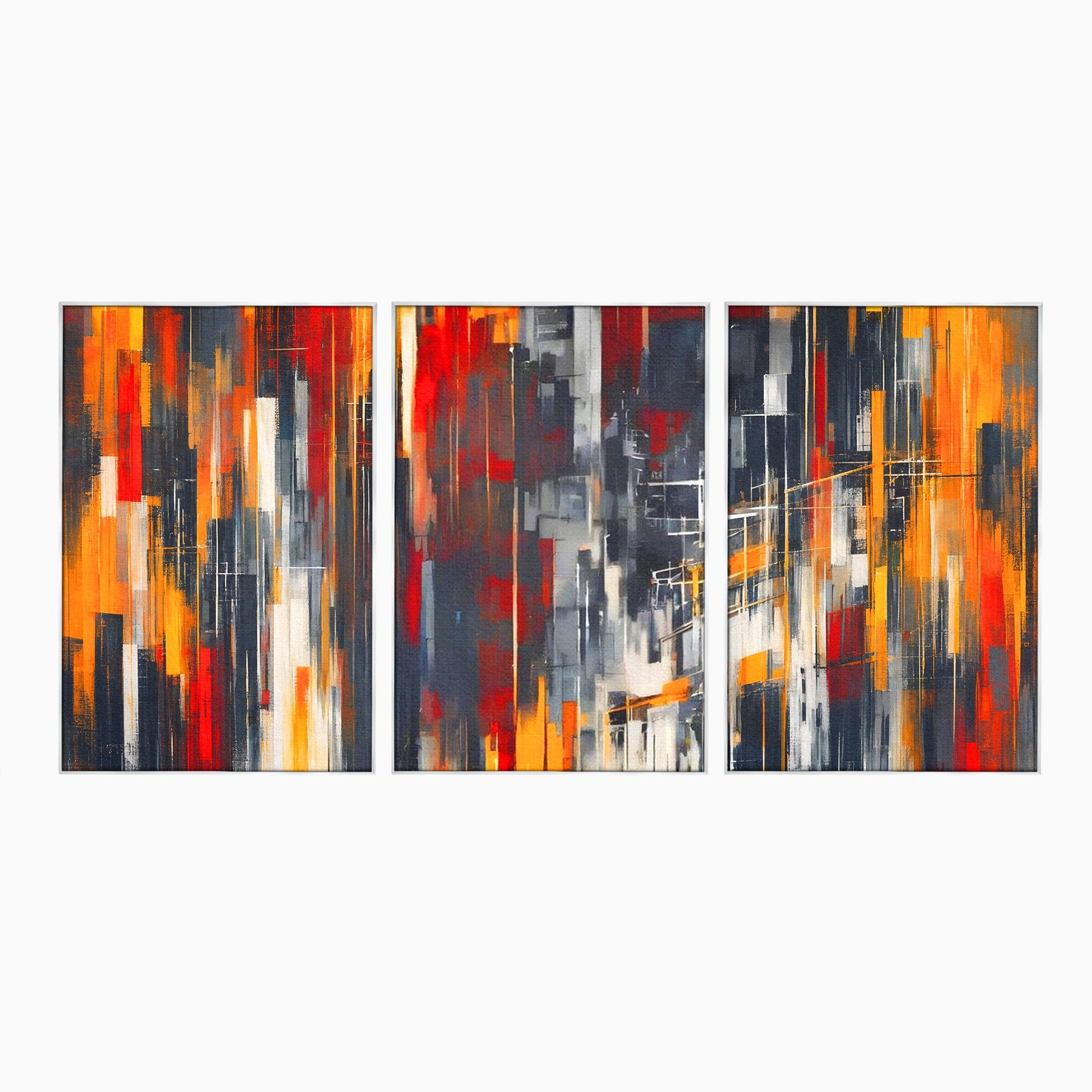 Set 3 Tablouri Canvas Premium LuxCanva® O3-1025, Fragmente de Infinit, Foc, Tacere, Adanc, Ecou, Timp, Destin, Ziduri, Labirint, Ardere, Fracturi, Apus, Umbre, Oras, Geometrii, Birou, Living, Dormitor