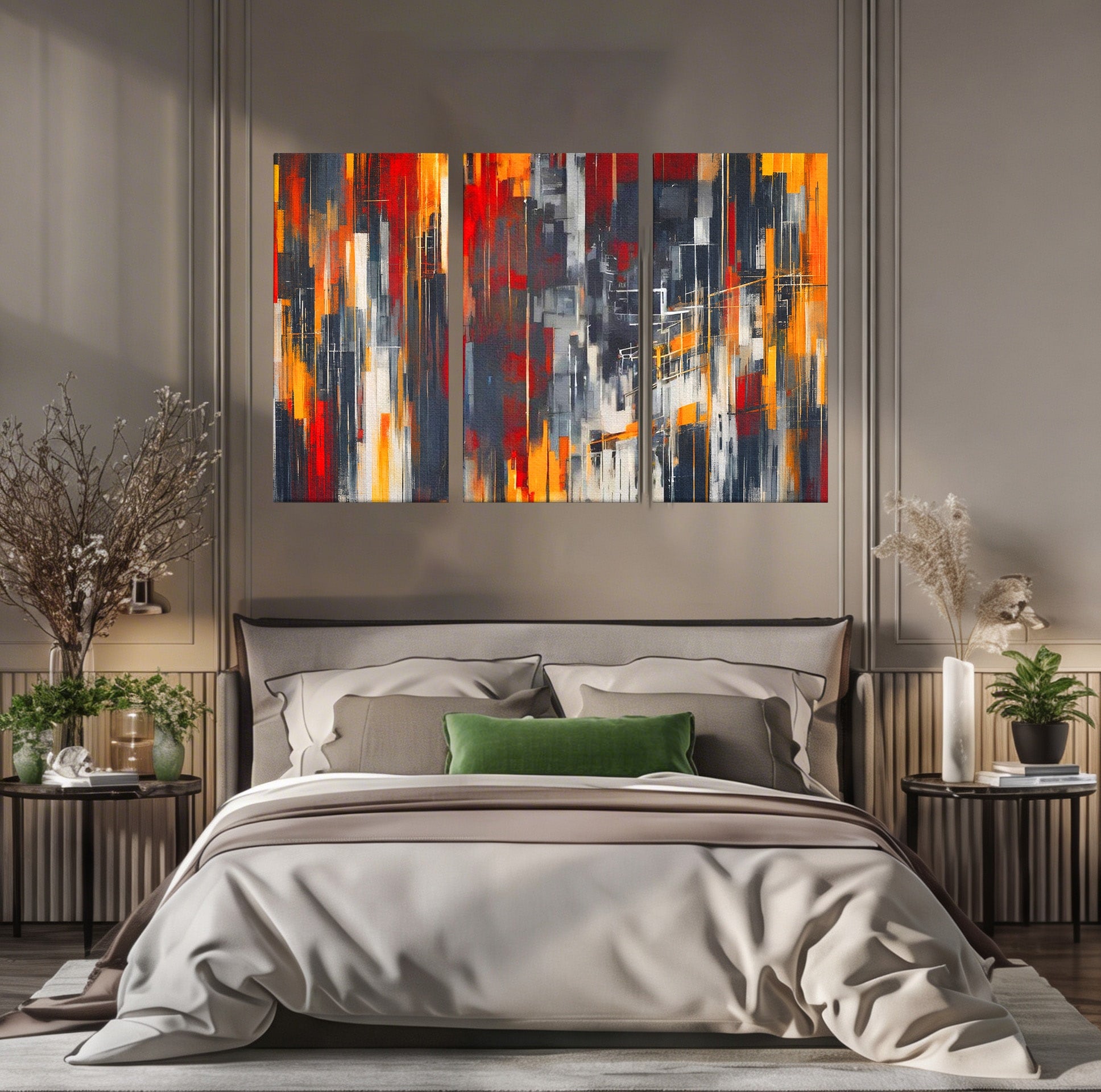 Set 3 Tablouri Canvas Premium LuxCanva® O3-1025, Fragmente de Infinit, Foc, Tacere, Adanc, Ecou, Timp, Destin, Ziduri, Labirint, Ardere, Fracturi, Apus, Umbre, Oras, Geometrii, Birou, Living, Dormitor
