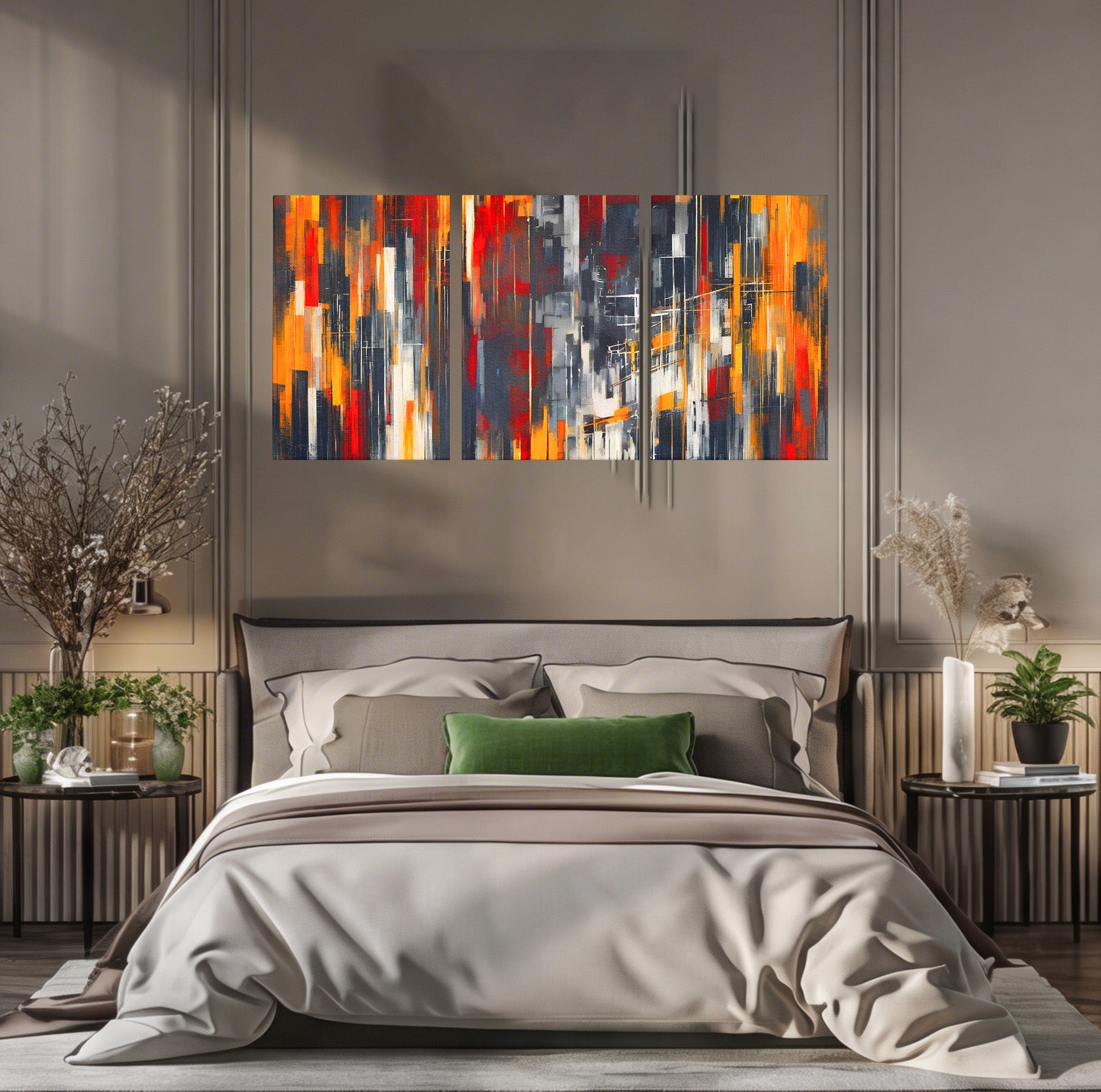 Set 3 Tablouri Canvas Premium LuxCanva® O3-1025, Fragmente de Infinit, Foc, Tacere, Adanc, Ecou, Timp, Destin, Ziduri, Labirint, Ardere, Fracturi, Apus, Umbre, Oras, Geometrii, Birou, Living, Dormitor