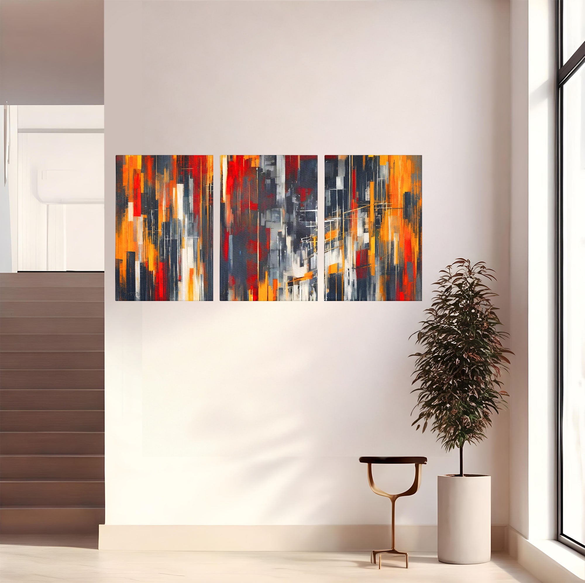Set 3 Tablouri Canvas Premium LuxCanva® O3-1025, Fragmente de Infinit, Foc, Tacere, Adanc, Ecou, Timp, Destin, Ziduri, Labirint, Ardere, Fracturi, Apus, Umbre, Oras, Geometrii, Birou, Living, Dormitor