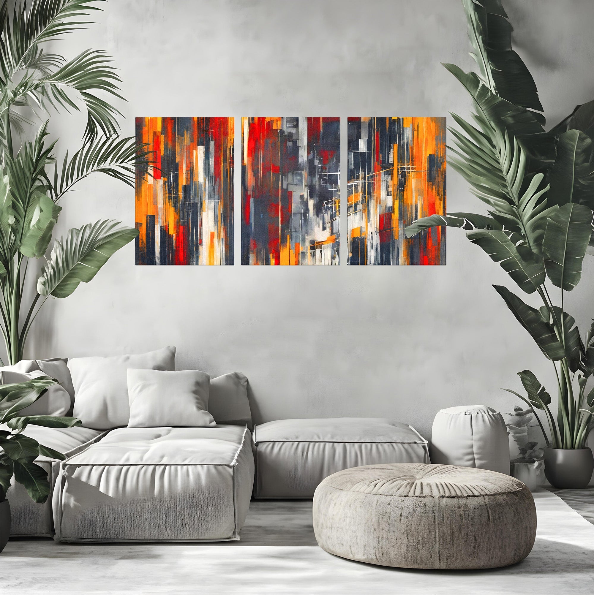 Set 3 Tablouri Canvas Premium LuxCanva® O3-1025, Fragmente de Infinit, Foc, Tacere, Adanc, Ecou, Timp, Destin, Ziduri, Labirint, Ardere, Fracturi, Apus, Umbre, Oras, Geometrii, Birou, Living, Dormitor