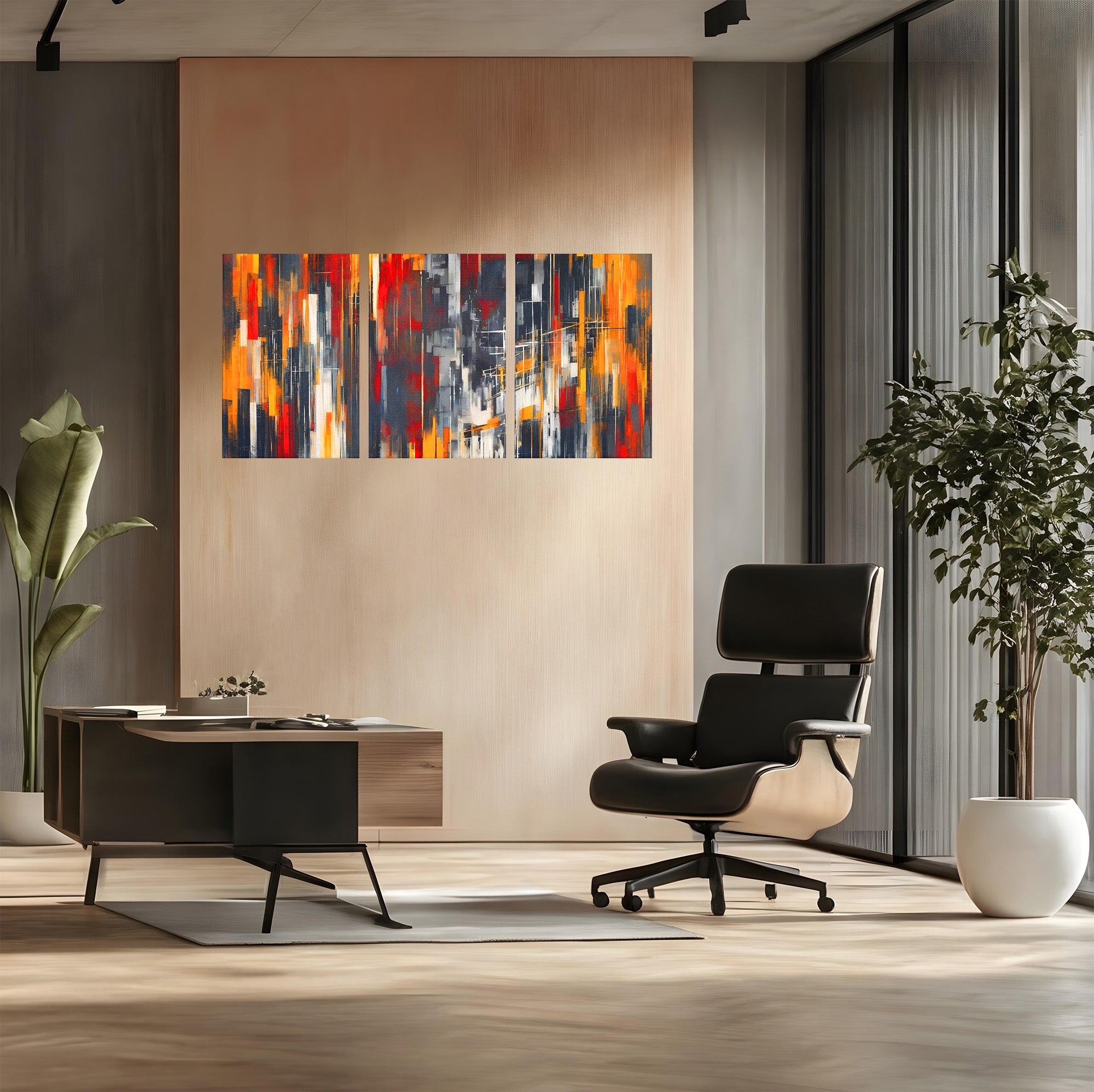 Set 3 Tablouri Canvas Premium LuxCanva® O3-1025, Fragmente de Infinit, Foc, Tacere, Adanc, Ecou, Timp, Destin, Ziduri, Labirint, Ardere, Fracturi, Apus, Umbre, Oras, Geometrii, Birou, Living, Dormitor