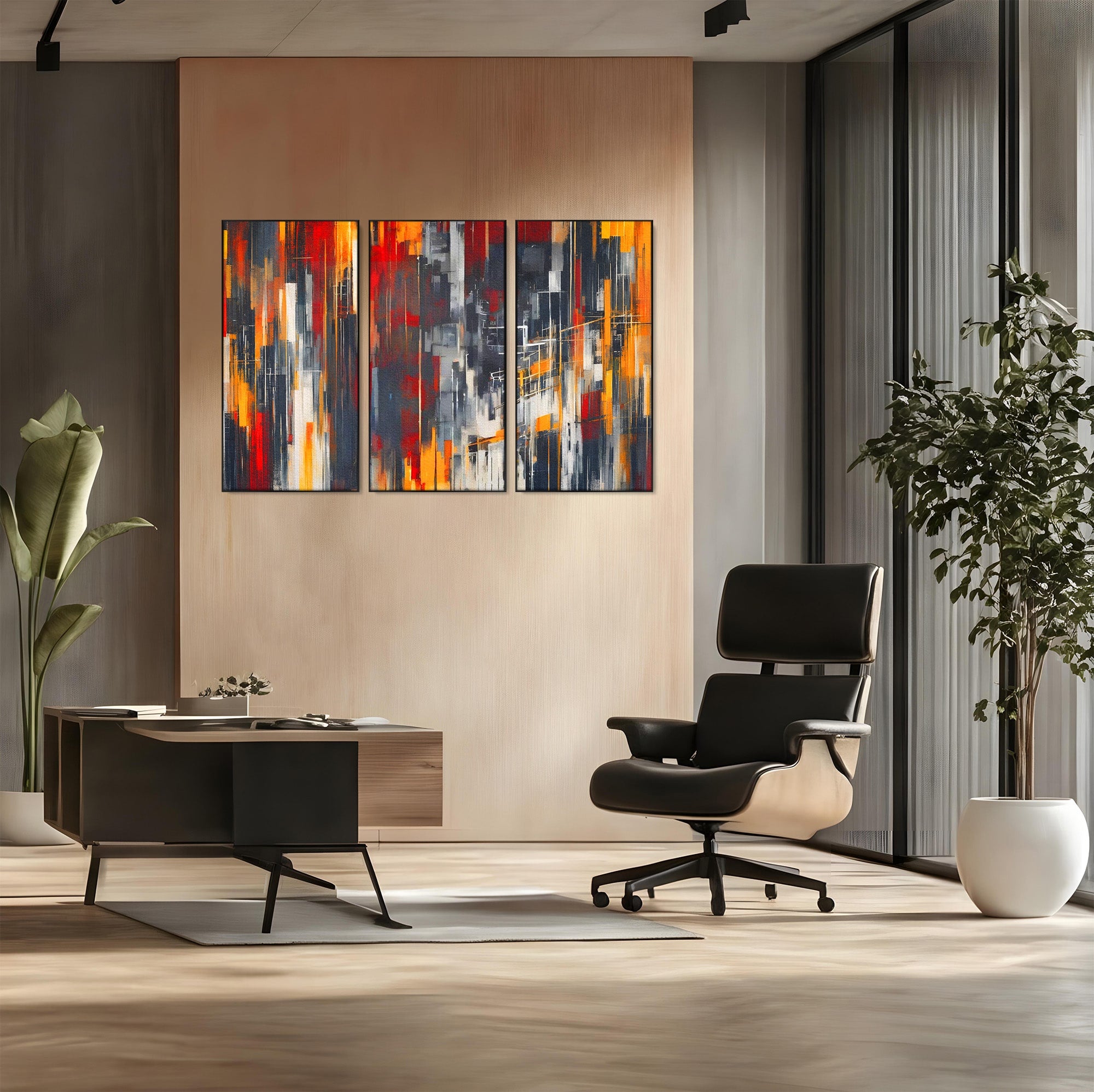 Set 3 Tablouri Canvas Premium LuxCanva® O3-1025, Fragmente de Infinit, Foc, Tacere, Adanc, Ecou, Timp, Destin, Ziduri, Labirint, Ardere, Fracturi, Apus, Umbre, Oras, Geometrii, Birou, Living, Dormitor