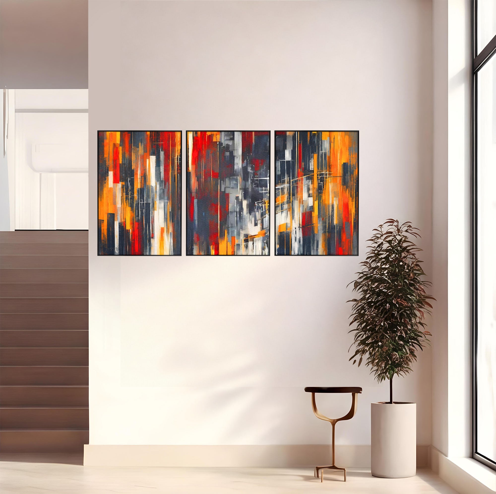 Set 3 Tablouri Canvas Premium LuxCanva® O3-1025, Fragmente de Infinit, Foc, Tacere, Adanc, Ecou, Timp, Destin, Ziduri, Labirint, Ardere, Fracturi, Apus, Umbre, Oras, Geometrii, Birou, Living, Dormitor