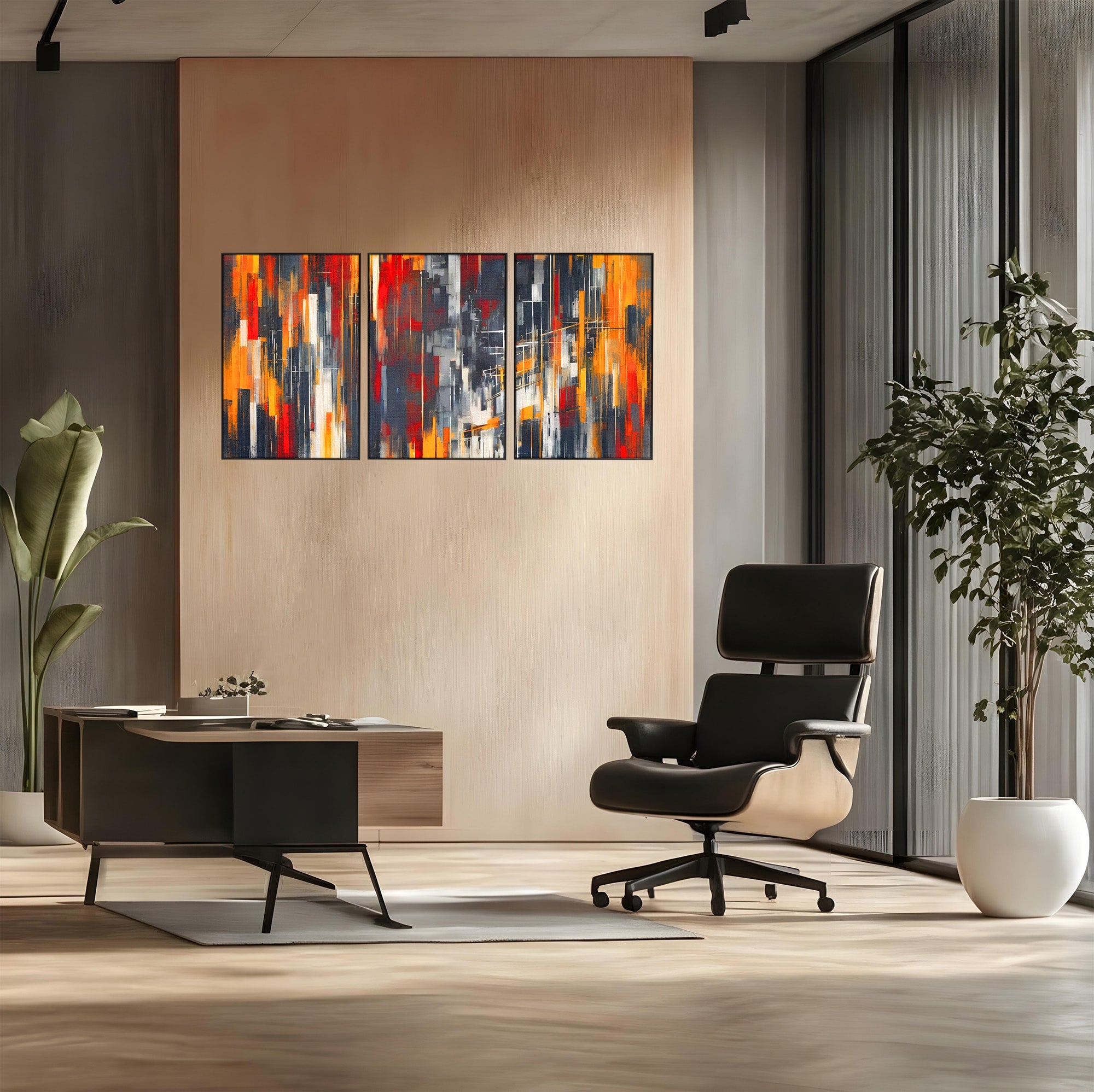 Set 3 Tablouri Canvas Premium LuxCanva® O3-1025, Fragmente de Infinit, Foc, Tacere, Adanc, Ecou, Timp, Destin, Ziduri, Labirint, Ardere, Fracturi, Apus, Umbre, Oras, Geometrii, Birou, Living, Dormitor