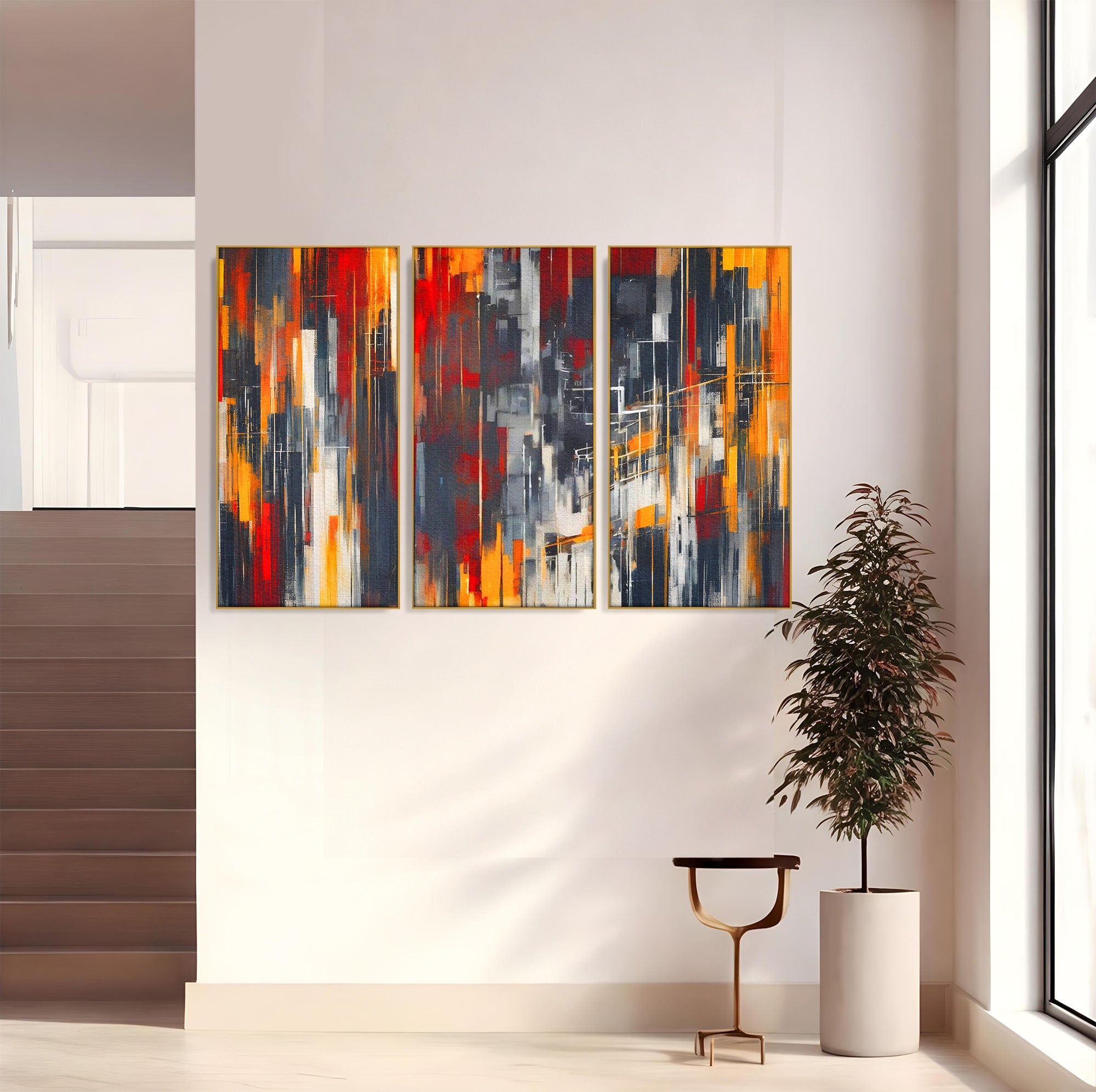 Set 3 Tablouri Canvas Premium LuxCanva® O3-1025, Fragmente de Infinit, Foc, Tacere, Adanc, Ecou, Timp, Destin, Ziduri, Labirint, Ardere, Fracturi, Apus, Umbre, Oras, Geometrii, Birou, Living, Dormitor