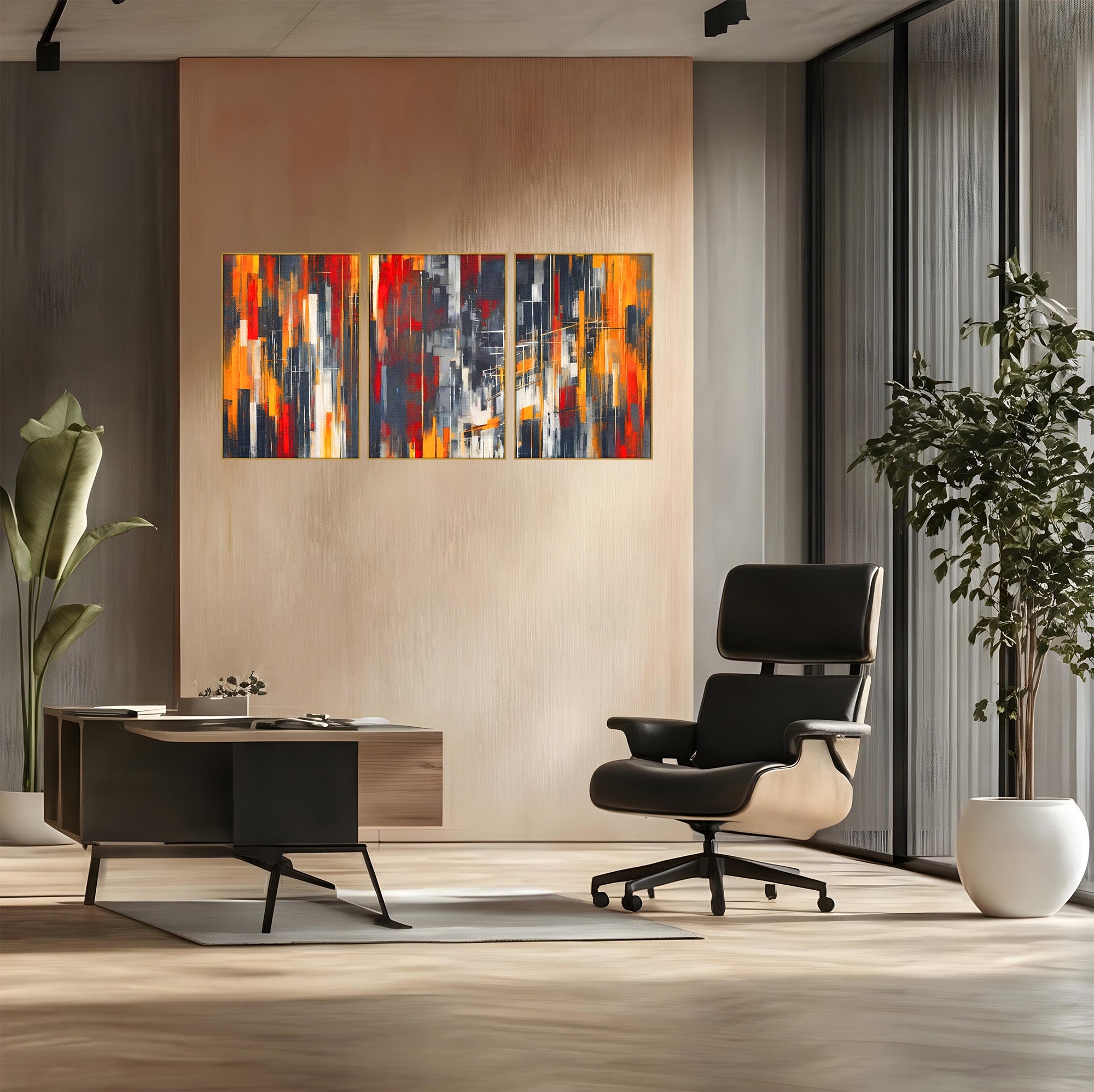 Set 3 Tablouri Canvas Premium LuxCanva® O3-1025, Fragmente de Infinit, Foc, Tacere, Adanc, Ecou, Timp, Destin, Ziduri, Labirint, Ardere, Fracturi, Apus, Umbre, Oras, Geometrii, Birou, Living, Dormitor