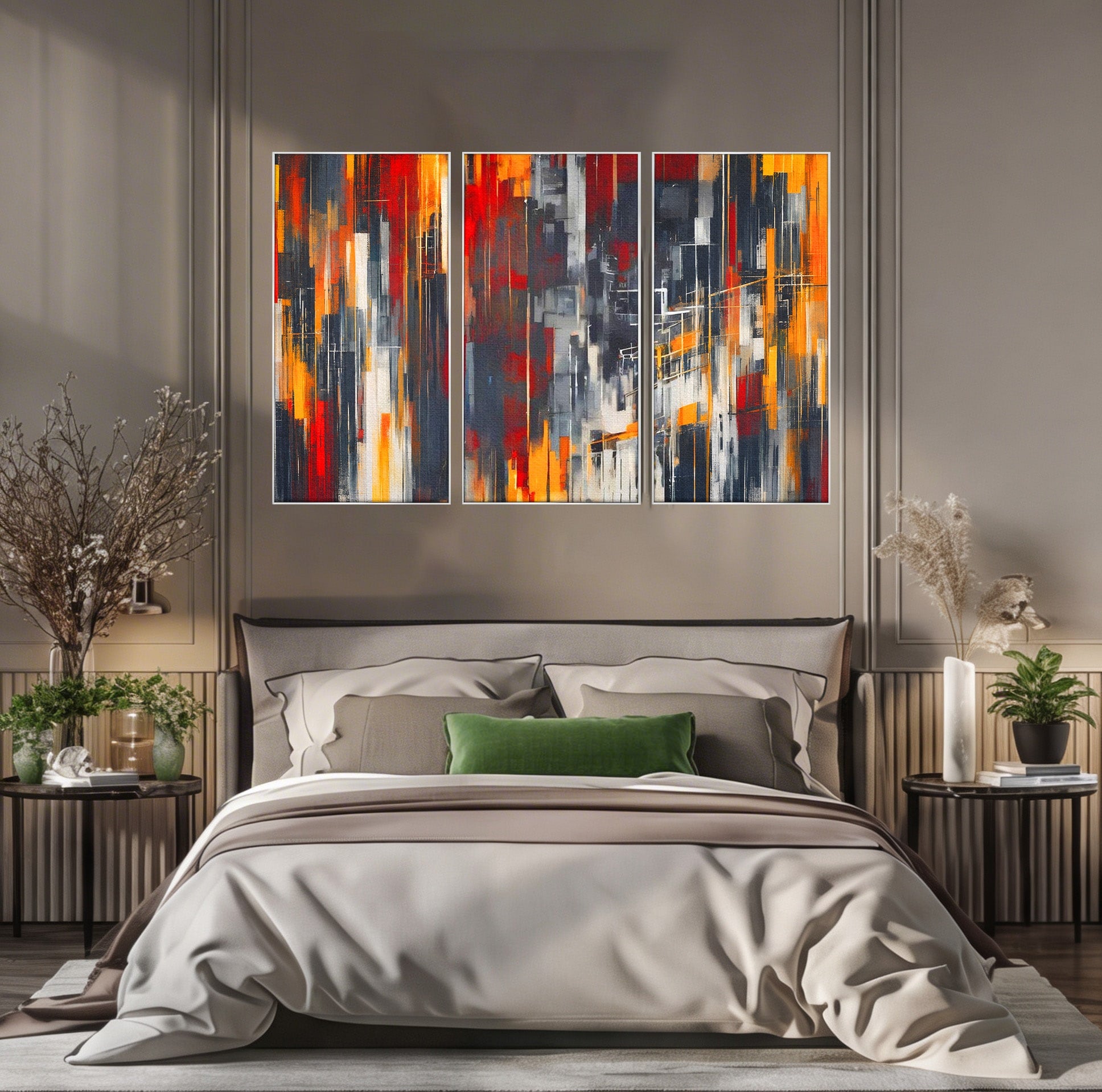Set 3 Tablouri Canvas Premium LuxCanva® O3-1025, Fragmente de Infinit, Foc, Tacere, Adanc, Ecou, Timp, Destin, Ziduri, Labirint, Ardere, Fracturi, Apus, Umbre, Oras, Geometrii, Birou, Living, Dormitor