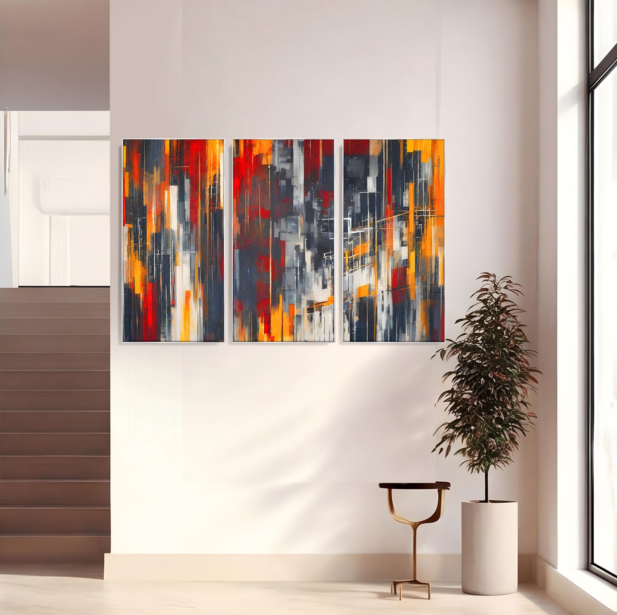 Set 3 Tablouri Canvas Premium LuxCanva® O3-1025, Fragmente de Infinit, Foc, Tacere, Adanc, Ecou, Timp, Destin, Ziduri, Labirint, Ardere, Fracturi, Apus, Umbre, Oras, Geometrii, Birou, Living, Dormitor