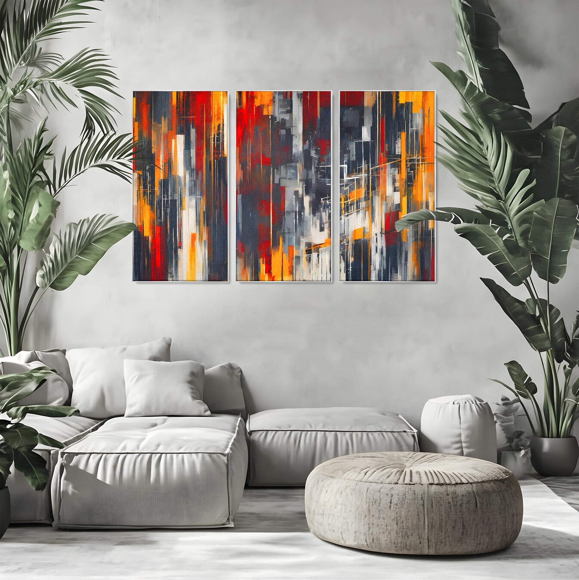 Set 3 Tablouri Canvas Premium LuxCanva® O3-1025, Fragmente de Infinit, Foc, Tacere, Adanc, Ecou, Timp, Destin, Ziduri, Labirint, Ardere, Fracturi, Apus, Umbre, Oras, Geometrii, Birou, Living, Dormitor