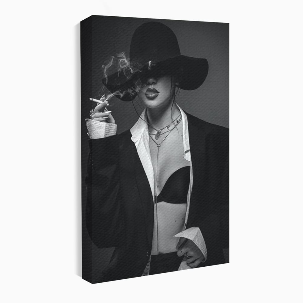 Tablou Canvas Premium, LuxCanva® P1001, Fumul Secretelor, Alb, Negru, Tigara, Fum, Senzual, Feminitate, Palarie, Seductie, Fashion, Editorial, Glamour, Atitudine, Sexy, Living, Dormitor