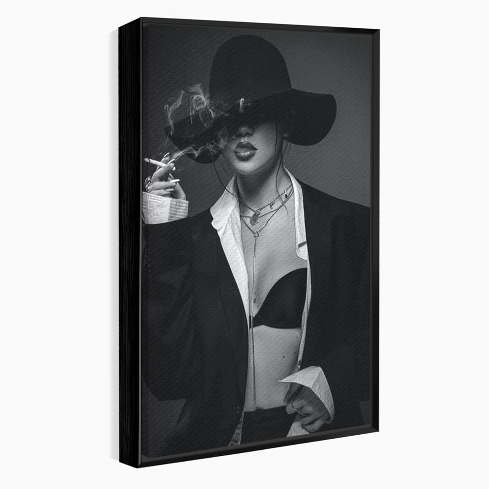 Tablou Canvas Premium, LuxCanva® P1001, Fumul Secretelor, Alb, Negru, Tigara, Fum, Senzual, Feminitate, Palarie, Seductie, Fashion, Editorial, Glamour, Atitudine, Sexy, Living, Dormitor