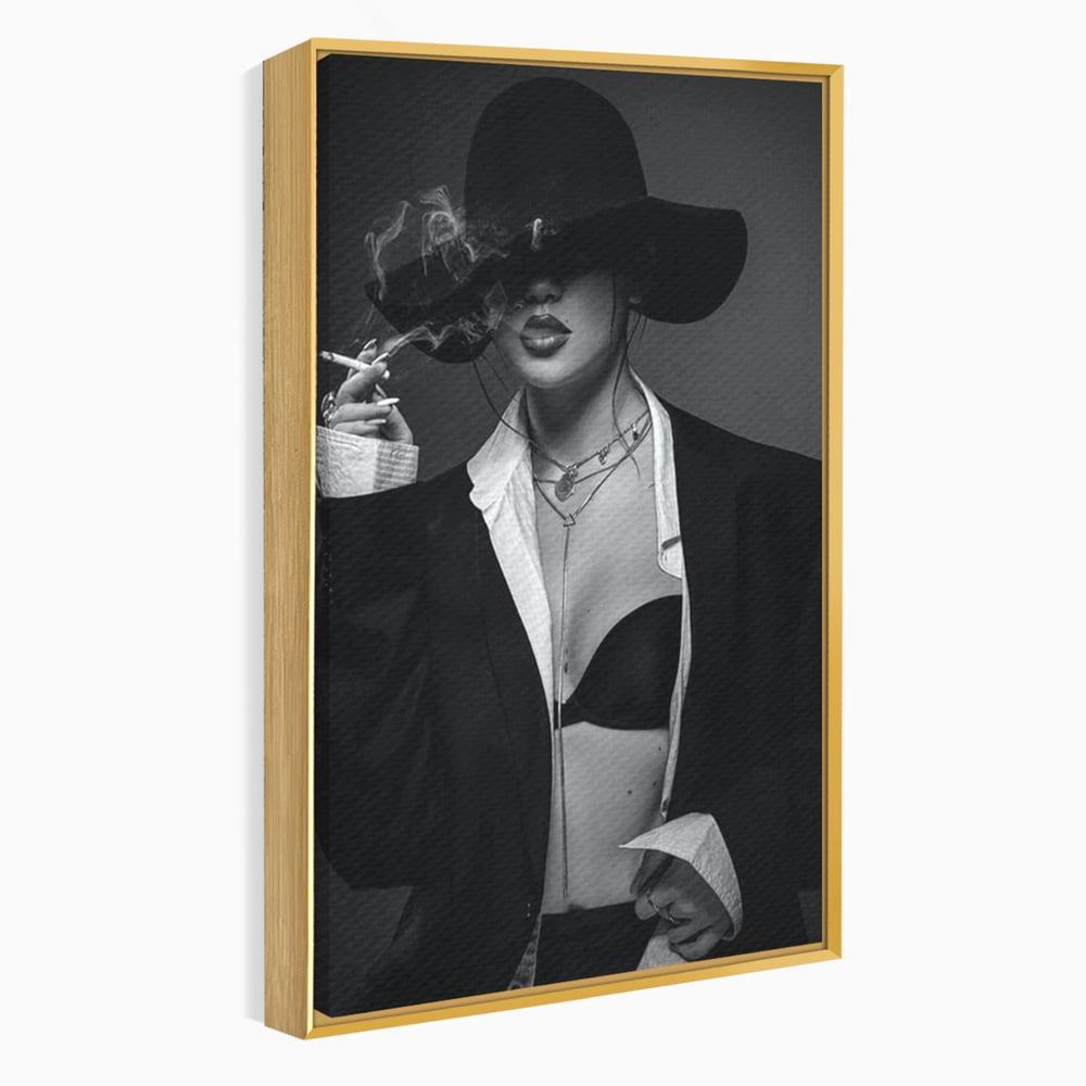 Tablou Canvas Premium, LuxCanva® P1001, Fumul Secretelor, Alb, Negru, Tigara, Fum, Senzual, Feminitate, Palarie, Seductie, Fashion, Editorial, Glamour, Atitudine, Sexy, Living, Dormitor