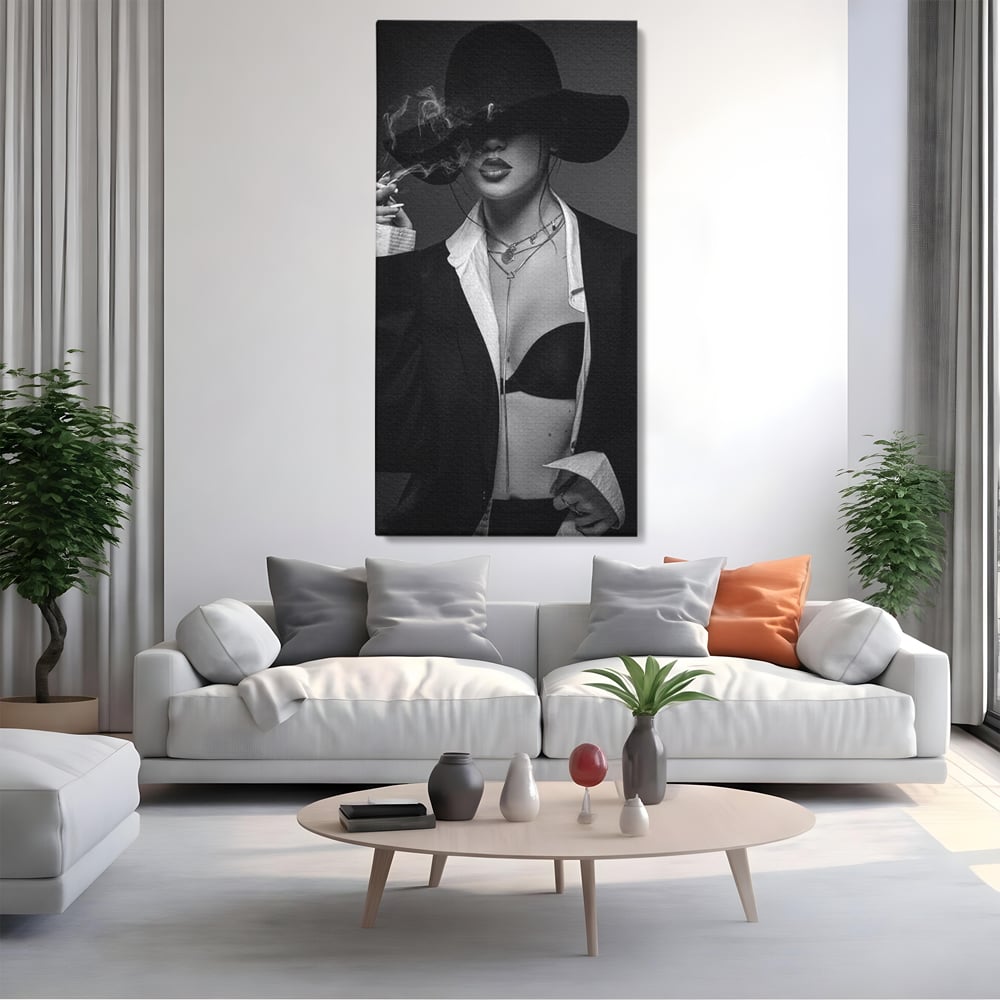 Tablou Canvas Premium, LuxCanva® P1001, Fumul Secretelor, Alb, Negru, Tigara, Fum, Senzual, Feminitate, Palarie, Seductie, Fashion, Editorial, Glamour, Atitudine, Sexy, Living, Dormitor