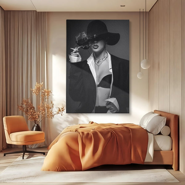 Tablou Canvas Premium, LuxCanva® P1001, Fumul Secretelor, Alb, Negru, Tigara, Fum, Senzual, Feminitate, Palarie, Seductie, Fashion, Editorial, Glamour, Atitudine, Sexy, Living, Dormitor
