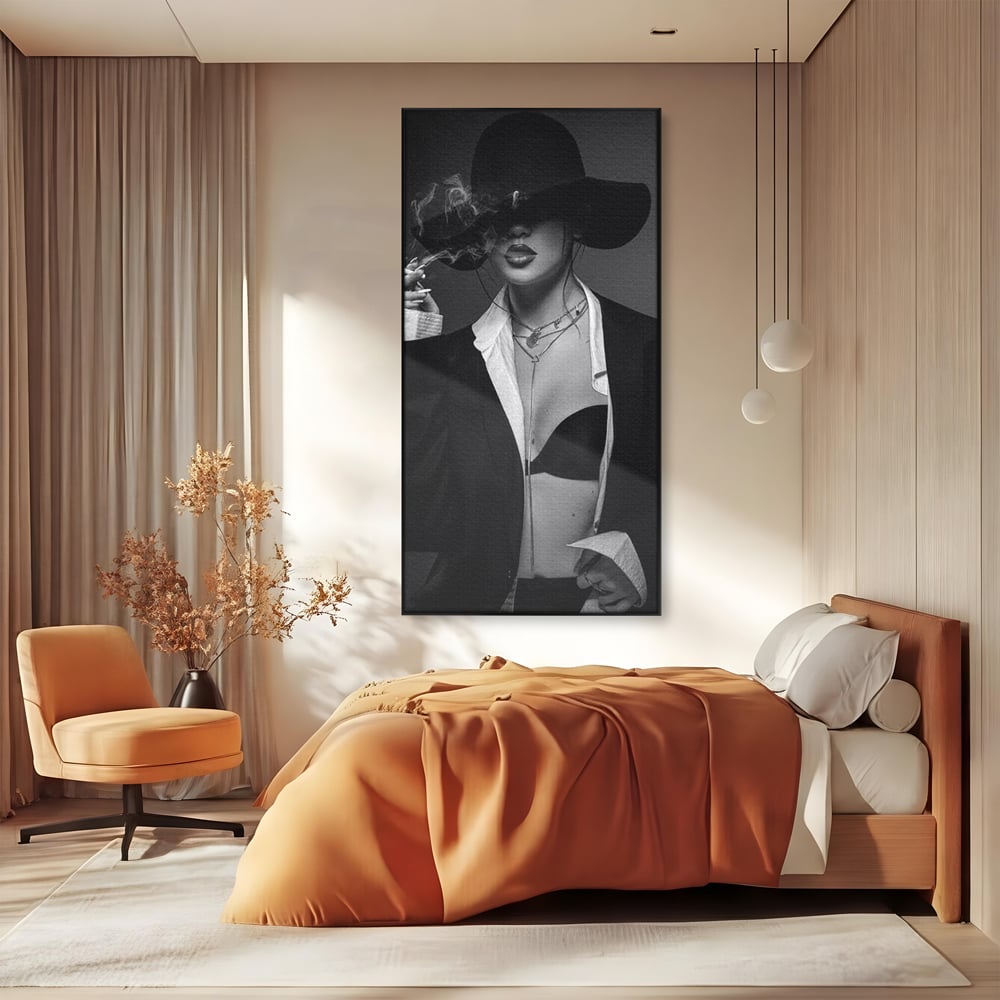 Tablou Canvas Premium, LuxCanva® P1001, Fumul Secretelor, Alb, Negru, Tigara, Fum, Senzual, Feminitate, Palarie, Seductie, Fashion, Editorial, Glamour, Atitudine, Sexy, Living, Dormitor