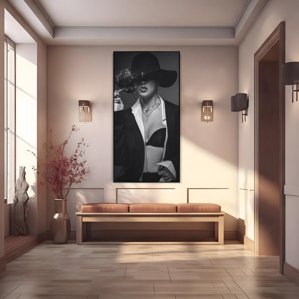 Tablou Canvas Premium, LuxCanva® P1001, Fumul Secretelor, Alb, Negru, Tigara, Fum, Senzual, Feminitate, Palarie, Seductie, Fashion, Editorial, Glamour, Atitudine, Sexy, Living, Dormitor