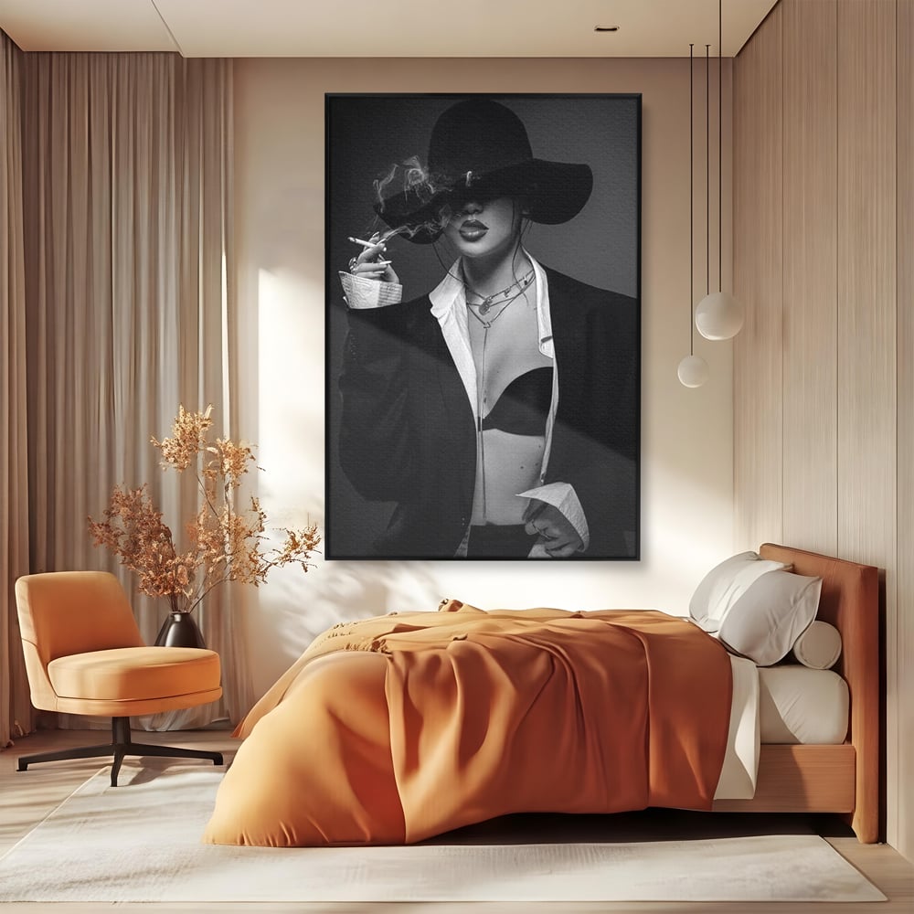 Tablou Canvas Premium, LuxCanva® P1001, Fumul Secretelor, Alb, Negru, Tigara, Fum, Senzual, Feminitate, Palarie, Seductie, Fashion, Editorial, Glamour, Atitudine, Sexy, Living, Dormitor