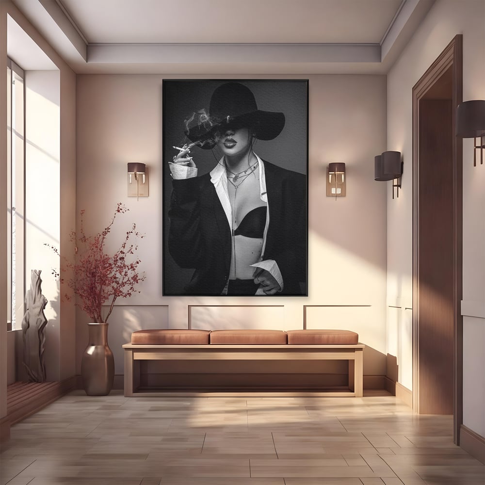 Tablou Canvas Premium, LuxCanva® P1001, Fumul Secretelor, Alb, Negru, Tigara, Fum, Senzual, Feminitate, Palarie, Seductie, Fashion, Editorial, Glamour, Atitudine, Sexy, Living, Dormitor