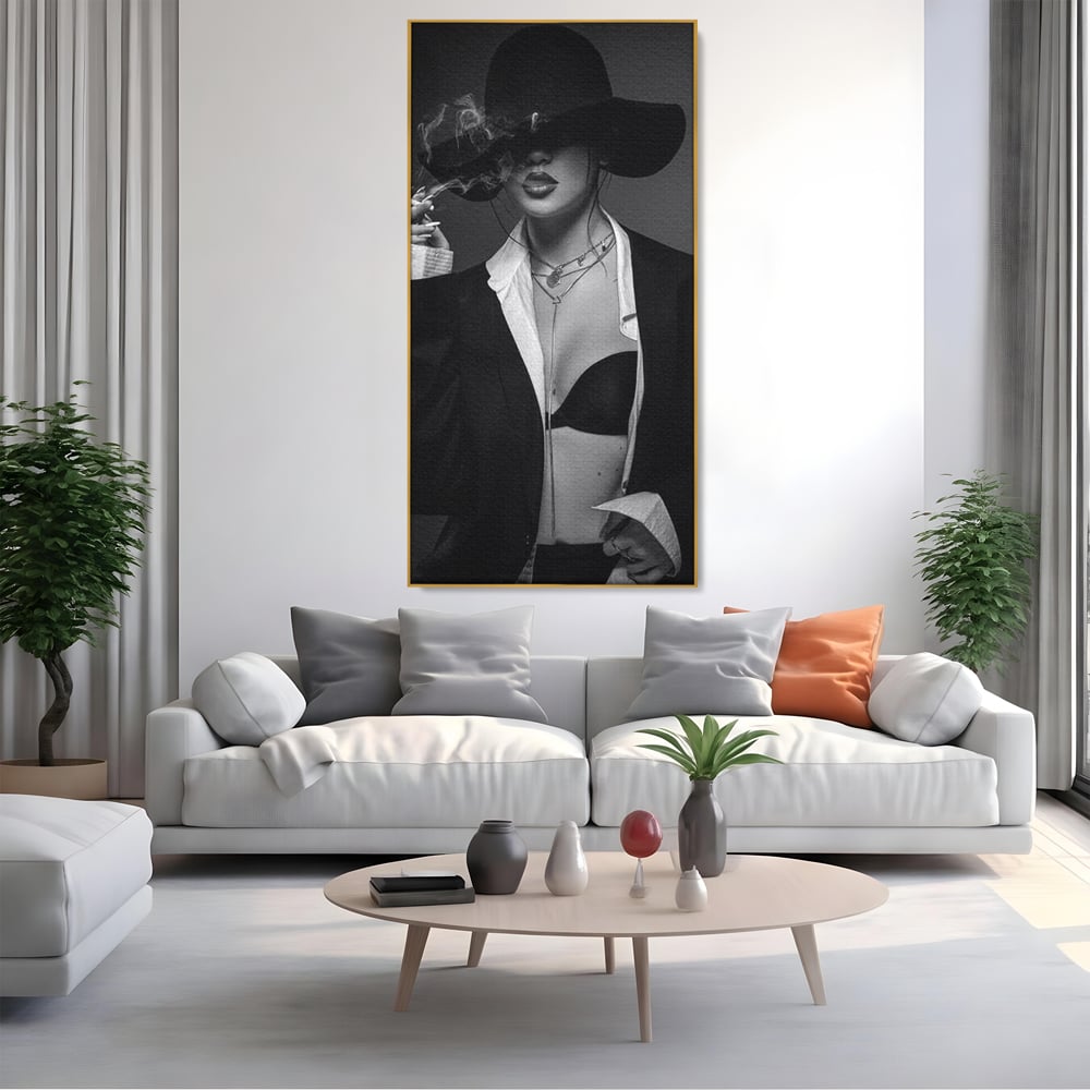 Tablou Canvas Premium, LuxCanva® P1001, Fumul Secretelor, Alb, Negru, Tigara, Fum, Senzual, Feminitate, Palarie, Seductie, Fashion, Editorial, Glamour, Atitudine, Sexy, Living, Dormitor