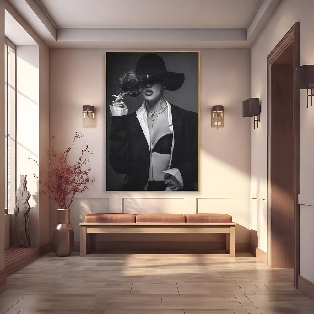 Tablou Canvas Premium, LuxCanva® P1001, Fumul Secretelor, Alb, Negru, Tigara, Fum, Senzual, Feminitate, Palarie, Seductie, Fashion, Editorial, Glamour, Atitudine, Sexy, Living, Dormitor