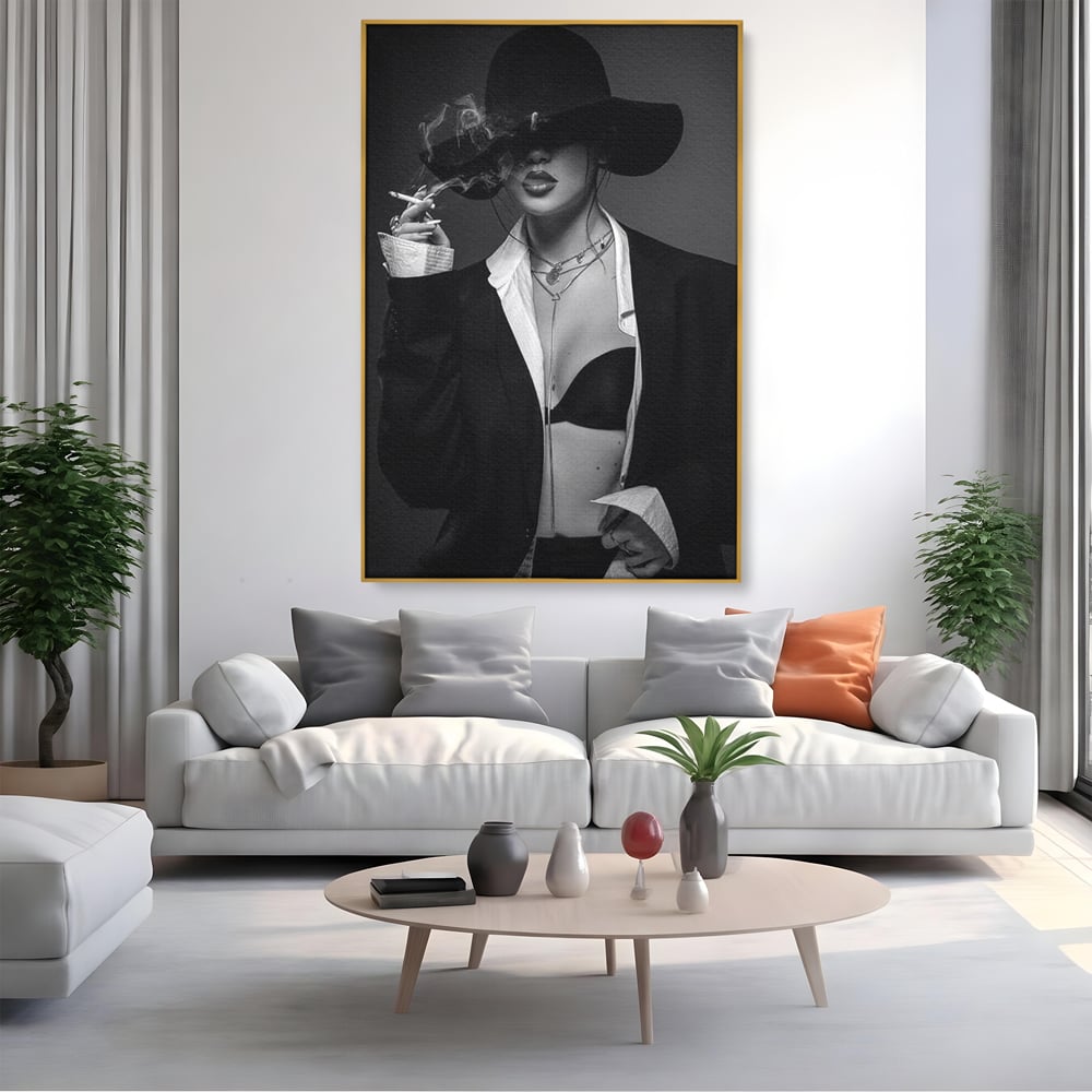 Tablou Canvas Premium, LuxCanva® P1001, Fumul Secretelor, Alb, Negru, Tigara, Fum, Senzual, Feminitate, Palarie, Seductie, Fashion, Editorial, Glamour, Atitudine, Sexy, Living, Dormitor