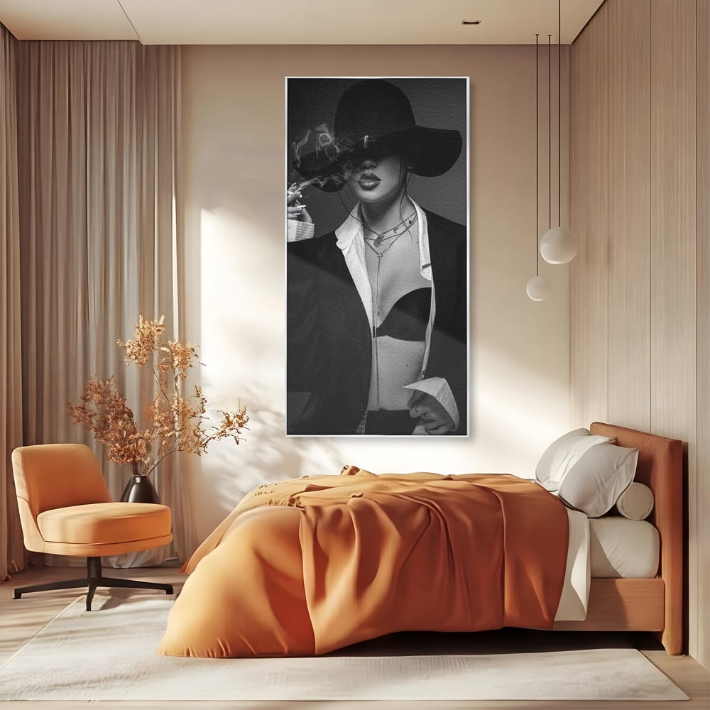 Tablou Canvas Premium, LuxCanva® P1001, Fumul Secretelor, Alb, Negru, Tigara, Fum, Senzual, Feminitate, Palarie, Seductie, Fashion, Editorial, Glamour, Atitudine, Sexy, Living, Dormitor