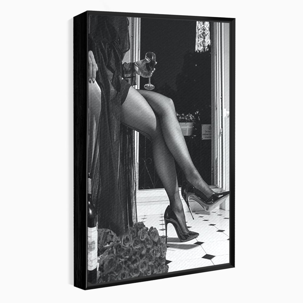 Tablou Canvas Premium, LuxCanva® P1002, Moment la Miezul Noptii, Alb, Negru, Pantofi, Toc, Dresuri, Paris, Vin, Rosu, Hotel, Dantela, Silueta, Trandafiri, Senzualitate, Living, Dormitor