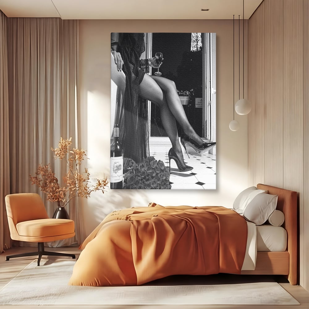 Tablou Canvas Premium, LuxCanva® P1002, Moment la Miezul Noptii, Alb, Negru, Pantofi, Toc, Dresuri, Paris, Vin, Rosu, Hotel, Dantela, Silueta, Trandafiri, Senzualitate, Living, Dormitor