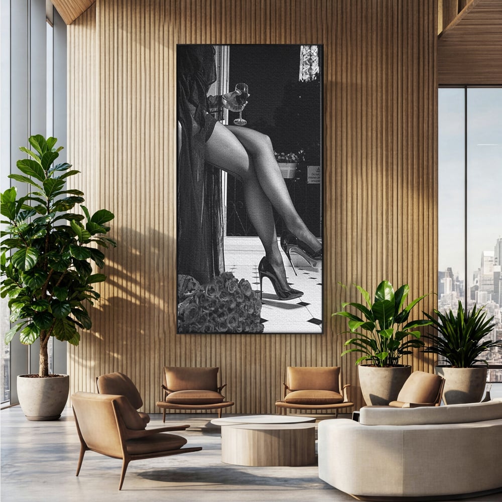 Tablou Canvas Premium, LuxCanva® P1002, Moment la Miezul Noptii, Alb, Negru, Pantofi, Toc, Dresuri, Paris, Vin, Rosu, Hotel, Dantela, Silueta, Trandafiri, Senzualitate, Living, Dormitor