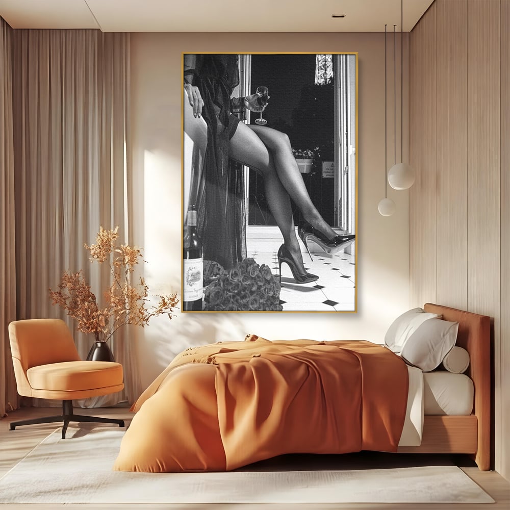Tablou Canvas Premium, LuxCanva® P1002, Moment la Miezul Noptii, Alb, Negru, Pantofi, Toc, Dresuri, Paris, Vin, Rosu, Hotel, Dantela, Silueta, Trandafiri, Senzualitate, Living, Dormitor
