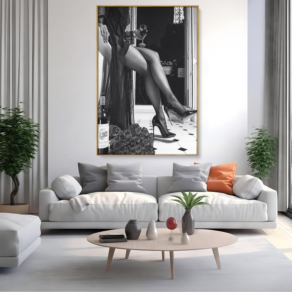 Tablou Canvas Premium, LuxCanva® P1002, Moment la Miezul Noptii, Alb, Negru, Pantofi, Toc, Dresuri, Paris, Vin, Rosu, Hotel, Dantela, Silueta, Trandafiri, Senzualitate, Living, Dormitor
