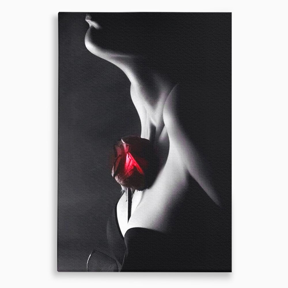 Tablou Canvas Premium, LuxCanva® P1003, Ecouri ale Pielii,  Alb, Negru, Rosu, Trandafir, Piele, Misterios, Dor, Visare, Femeie, Profil, Iubire, Romantism, Sexy, Living, Dormitor