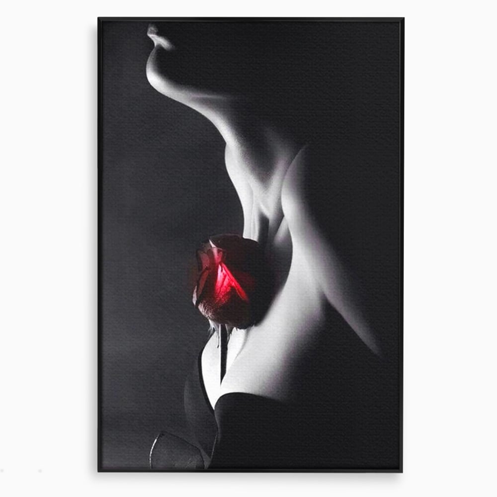 Tablou Canvas Premium, LuxCanva® P1003, Ecouri ale Pielii,  Alb, Negru, Rosu, Trandafir, Piele, Misterios, Dor, Visare, Femeie, Profil, Iubire, Romantism, Sexy, Living, Dormitor