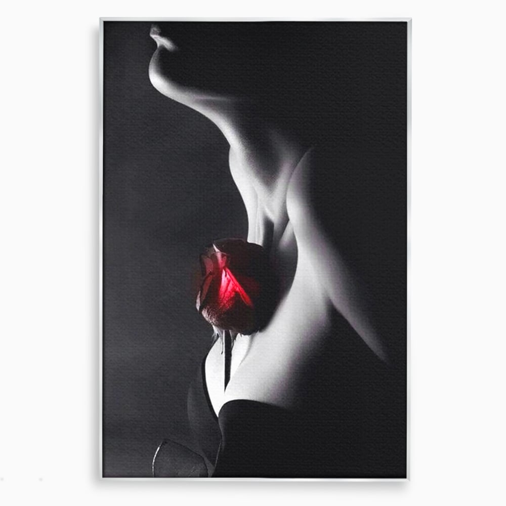 Tablou Canvas Premium, LuxCanva® P1003, Ecouri ale Pielii,  Alb, Negru, Rosu, Trandafir, Piele, Misterios, Dor, Visare, Femeie, Profil, Iubire, Romantism, Sexy, Living, Dormitor
