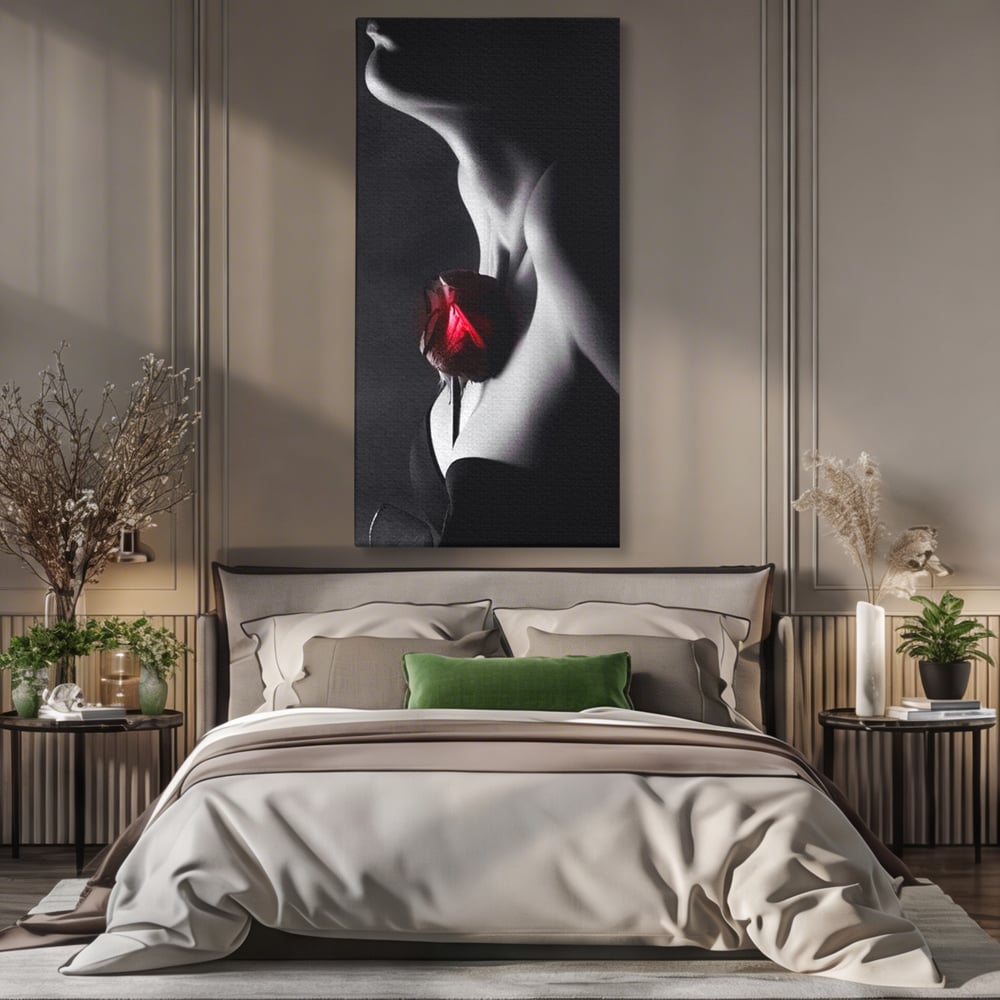 Tablou Canvas Premium, LuxCanva® P1003, Ecouri ale Pielii,  Alb, Negru, Rosu, Trandafir, Piele, Misterios, Dor, Visare, Femeie, Profil, Iubire, Romantism, Sexy, Living, Dormitor