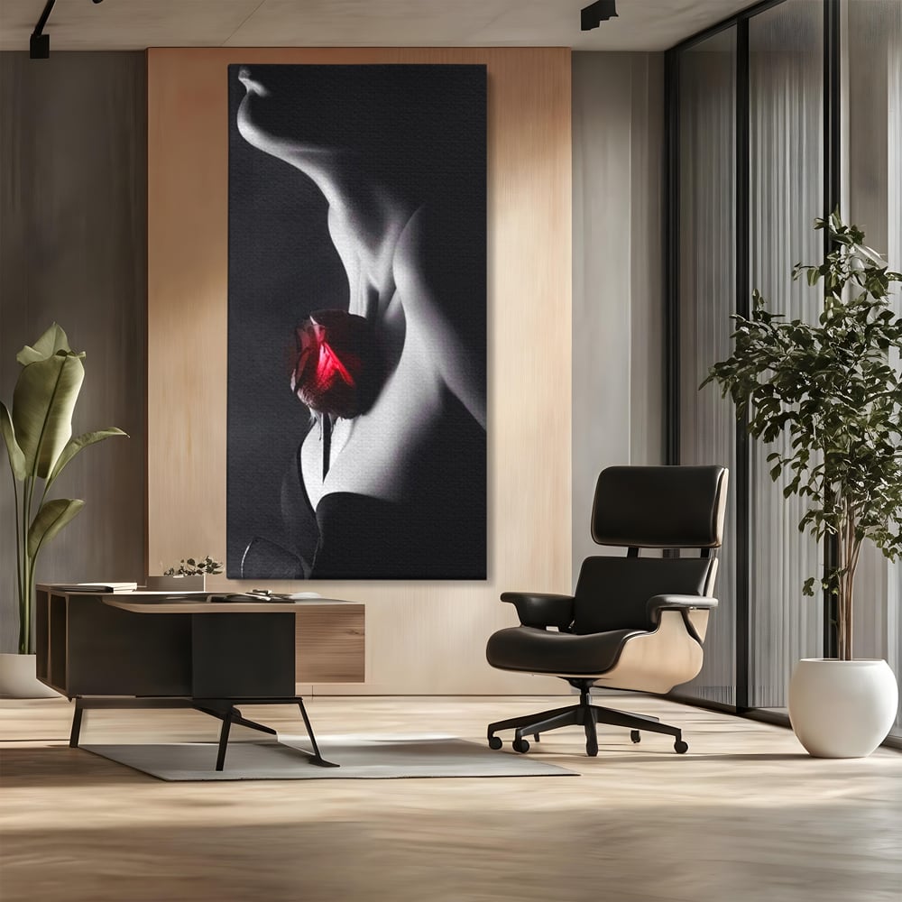 Tablou Canvas Premium, LuxCanva® P1003, Ecouri ale Pielii,  Alb, Negru, Rosu, Trandafir, Piele, Misterios, Dor, Visare, Femeie, Profil, Iubire, Romantism, Sexy, Living, Dormitor