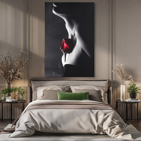 Tablou Canvas Premium, LuxCanva® P1003, Ecouri ale Pielii,  Alb, Negru, Rosu, Trandafir, Piele, Misterios, Dor, Visare, Femeie, Profil, Iubire, Romantism, Sexy, Living, Dormitor