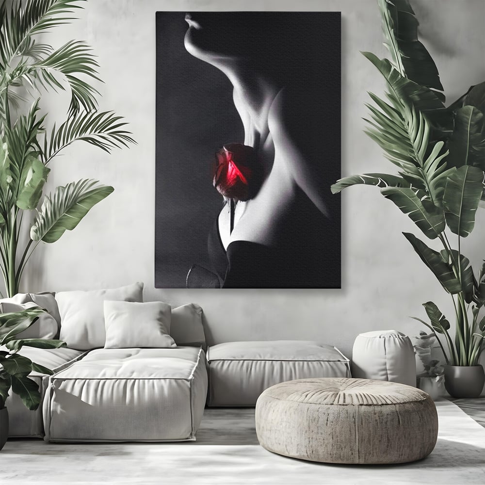 Tablou Canvas Premium, LuxCanva® P1003, Ecouri ale Pielii,  Alb, Negru, Rosu, Trandafir, Piele, Misterios, Dor, Visare, Femeie, Profil, Iubire, Romantism, Sexy, Living, Dormitor