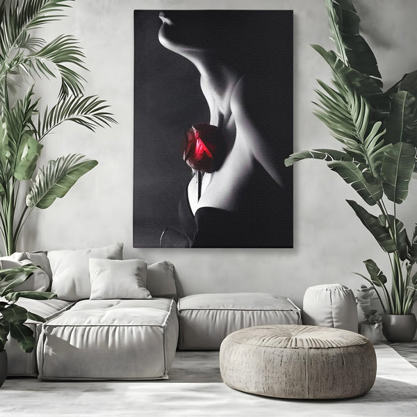 Tablou Canvas Premium, LuxCanva® P1003, Ecouri ale Pielii,  Alb, Negru, Rosu, Trandafir, Piele, Misterios, Dor, Visare, Femeie, Profil, Iubire, Romantism, Sexy, Living, Dormitor