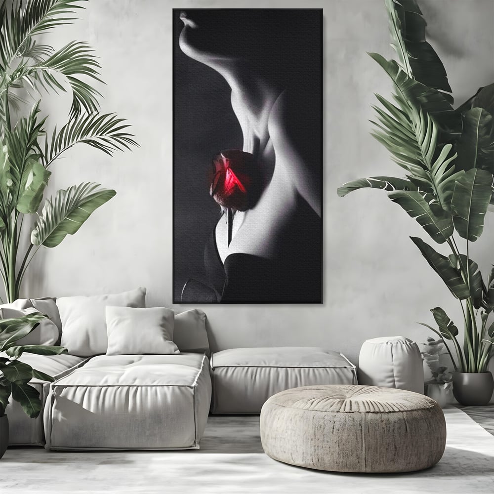 Tablou Canvas Premium, LuxCanva® P1003, Ecouri ale Pielii,  Alb, Negru, Rosu, Trandafir, Piele, Misterios, Dor, Visare, Femeie, Profil, Iubire, Romantism, Sexy, Living, Dormitor